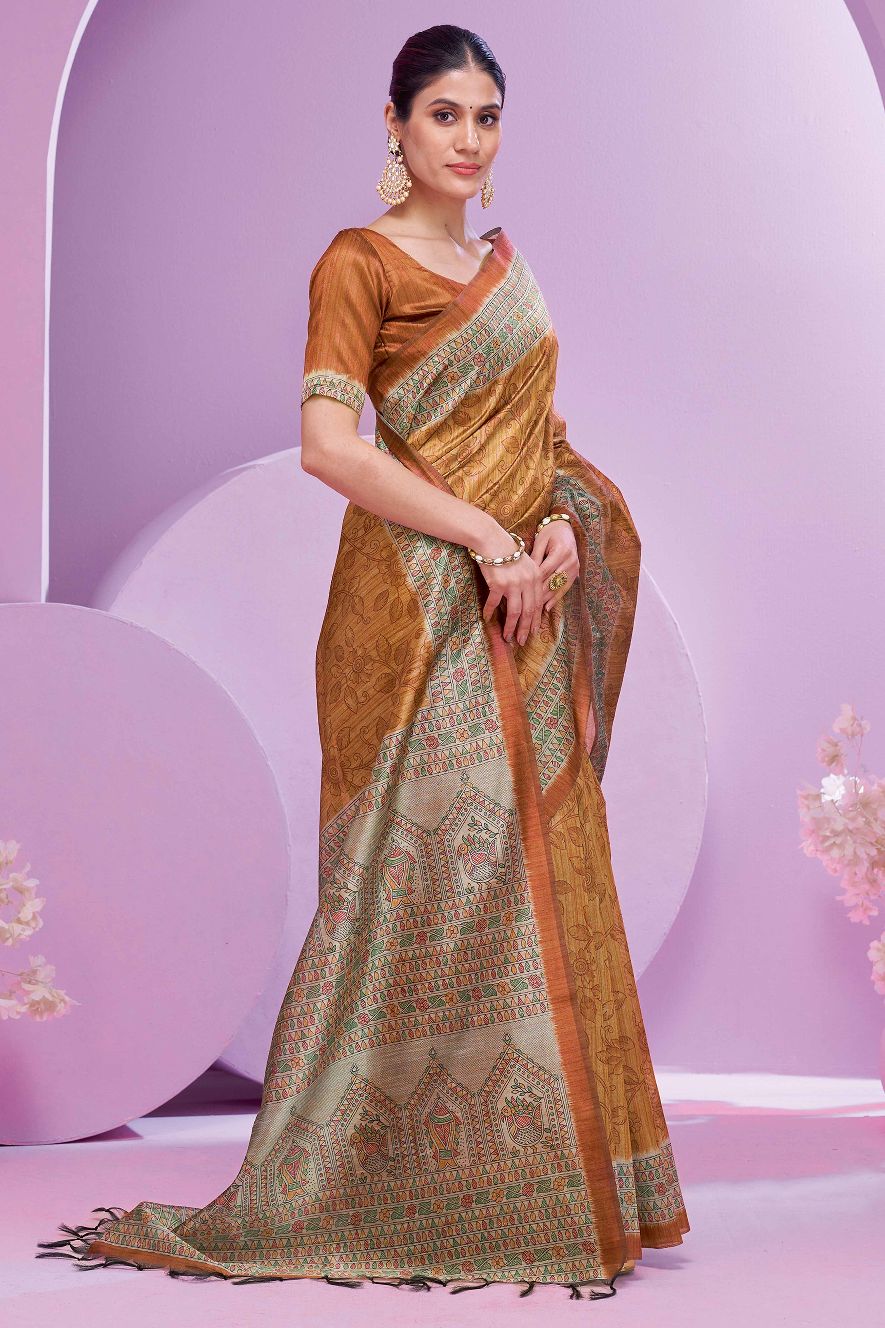 Brown Ethnic Cotton Silk Saree Adorned with Madhubani Florals Print