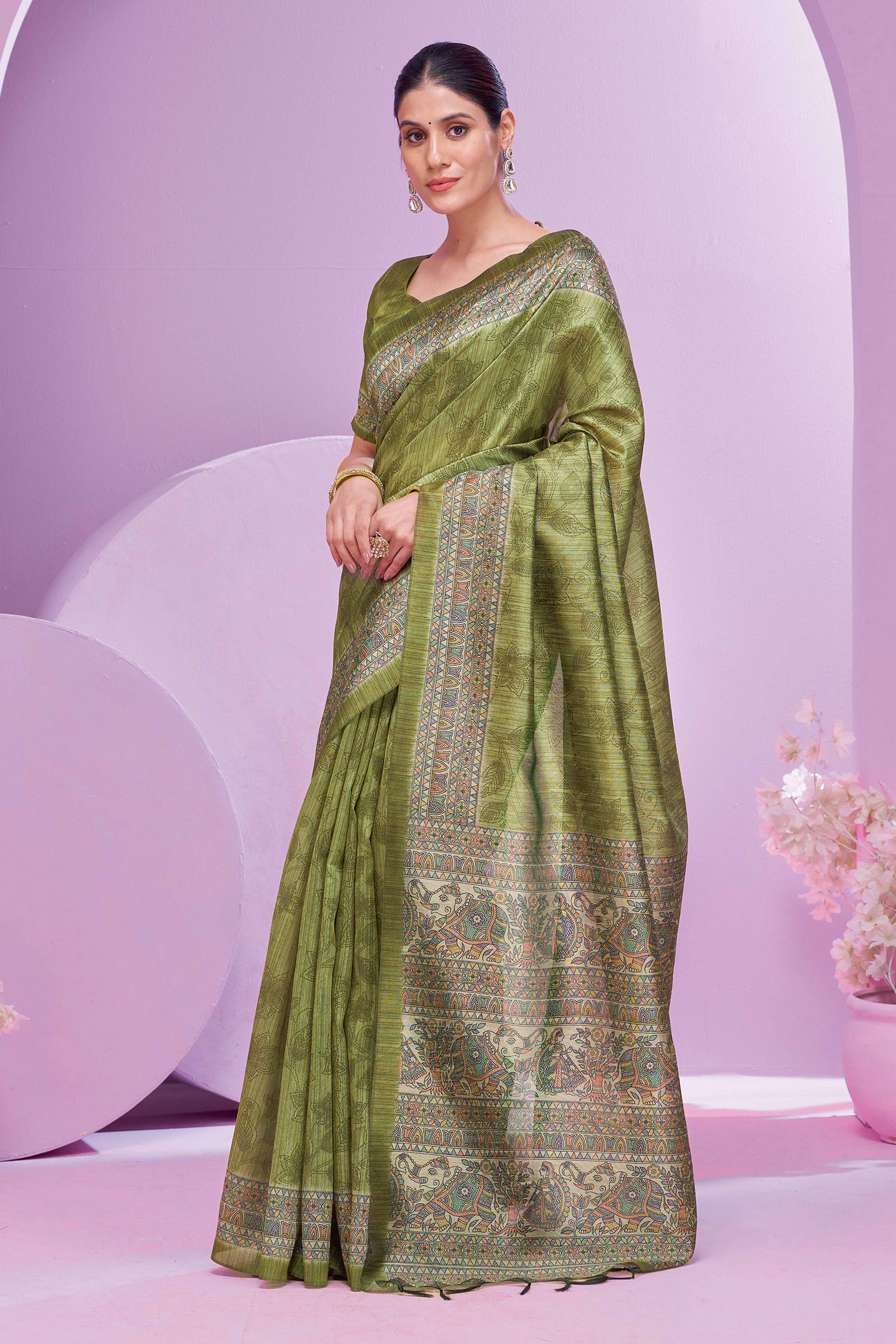 Green Ethnic Cotton Silk Saree Adorned with Madhubani Florals Print