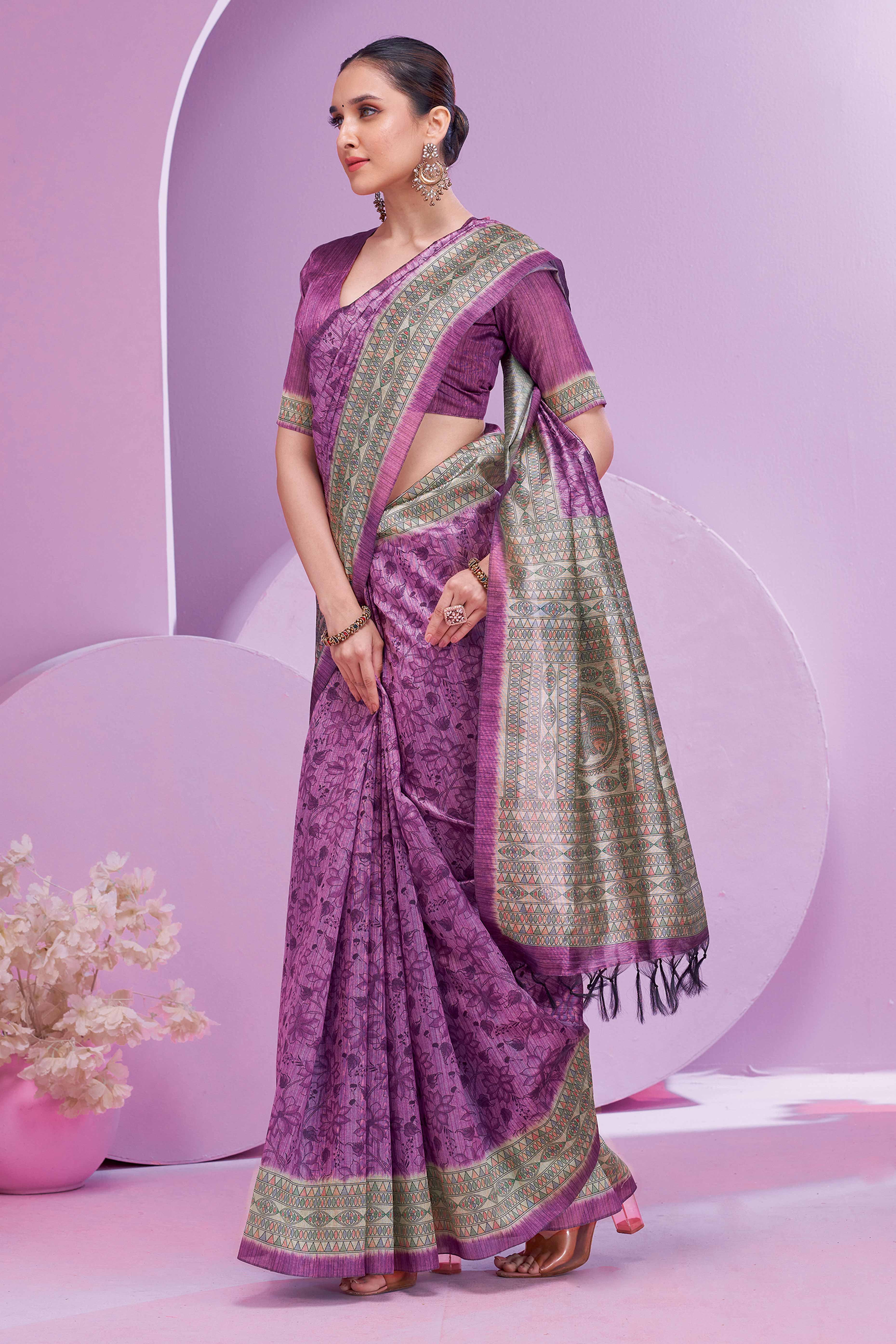 Purple Ethnic Cotton Silk Saree Adorned with Madhubani Florals Print