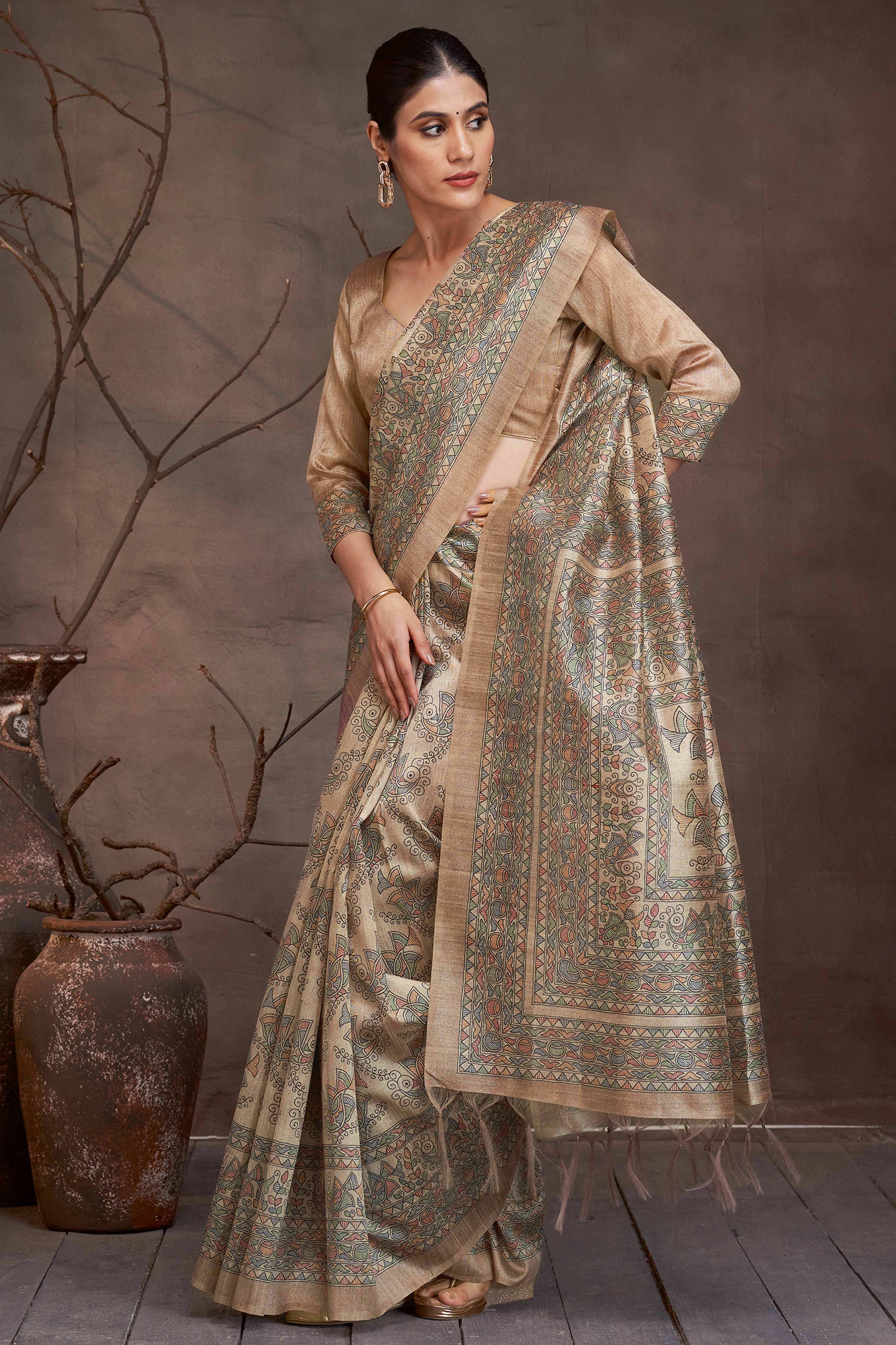 Timeless Beige Saree with Ethnic Madhubani Floral Art