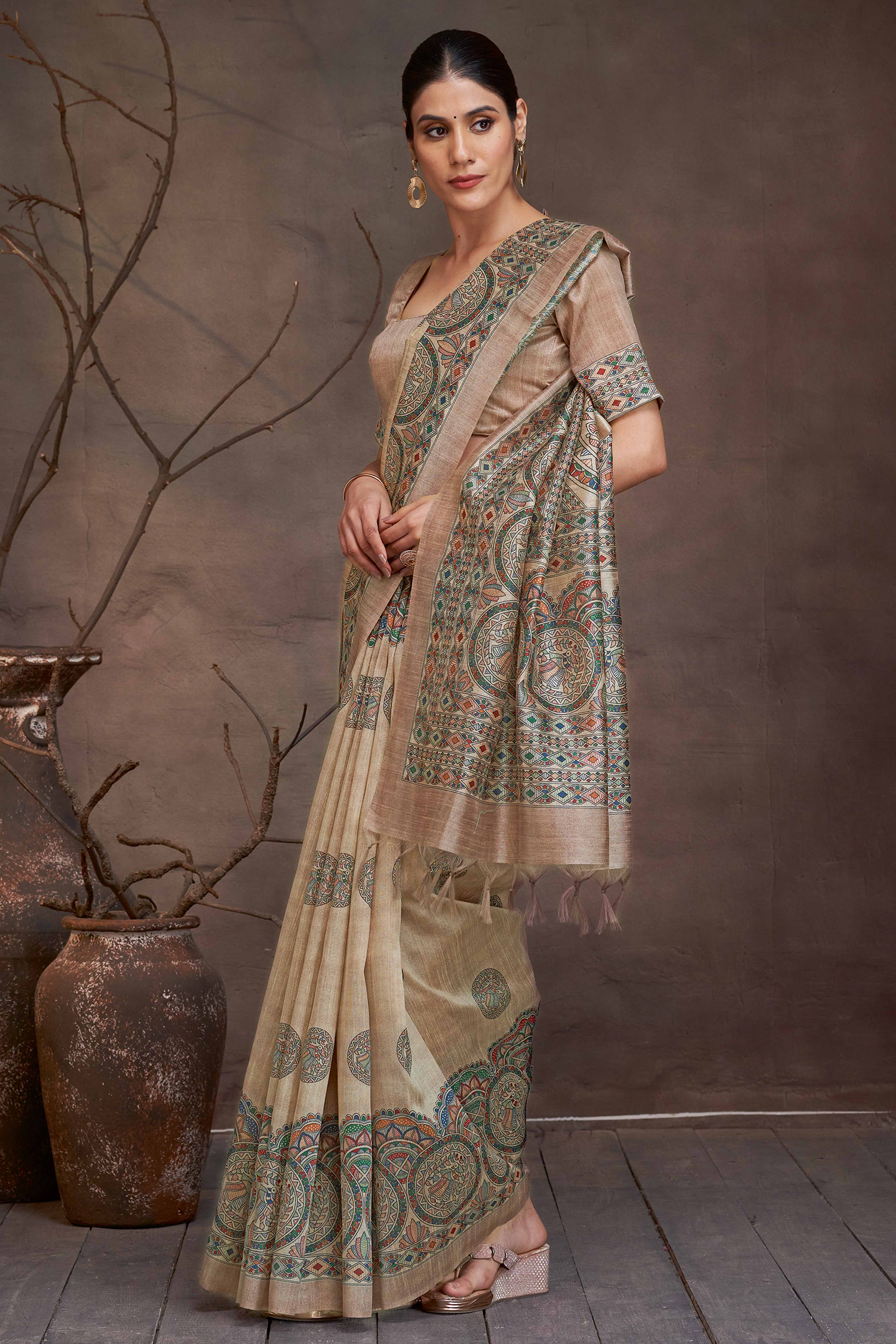 Beige Saree in Cotton Silk with Ethnic Madhubani Prints