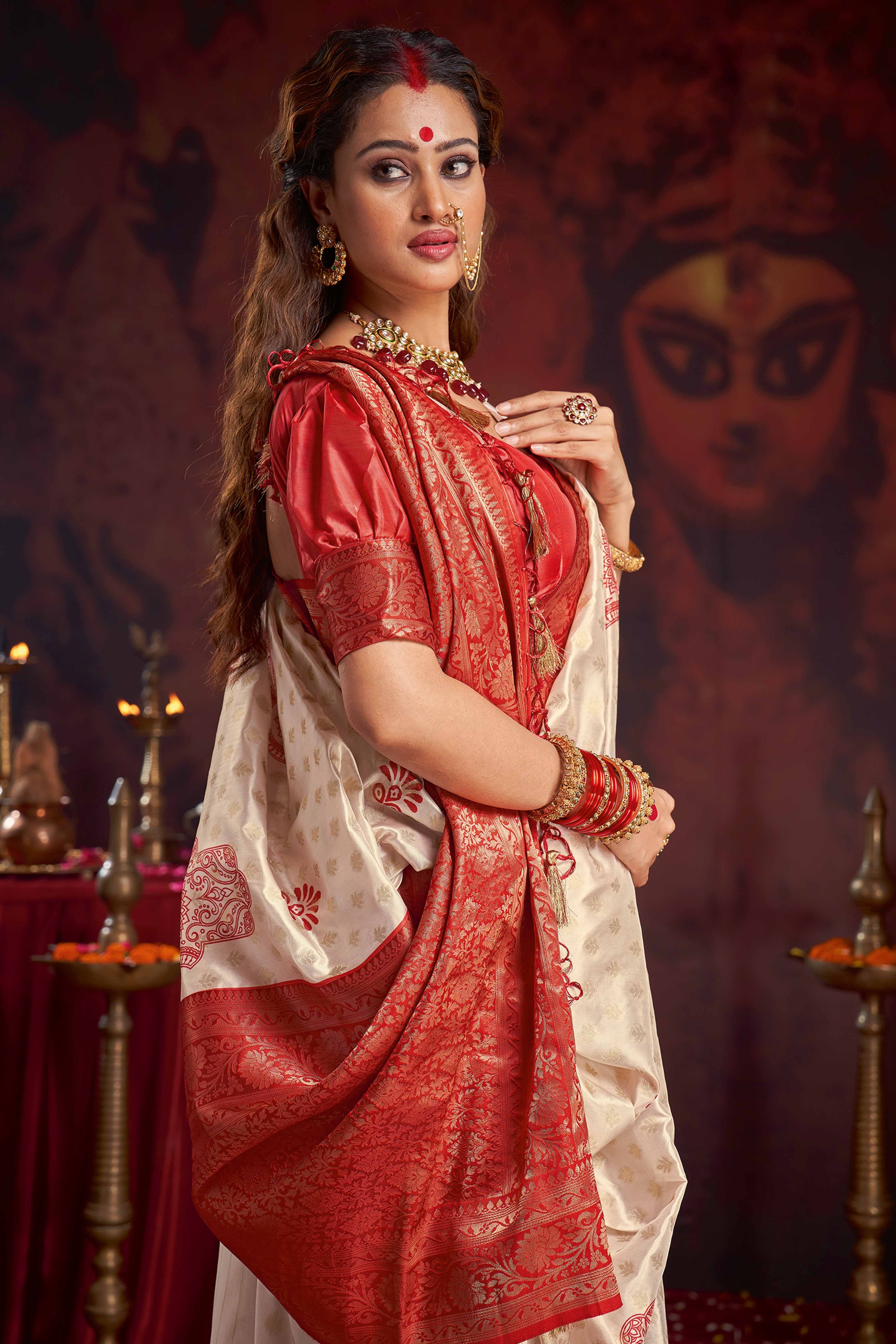 Off White Red Woven Satin Saree for Durga Festival Celebrations