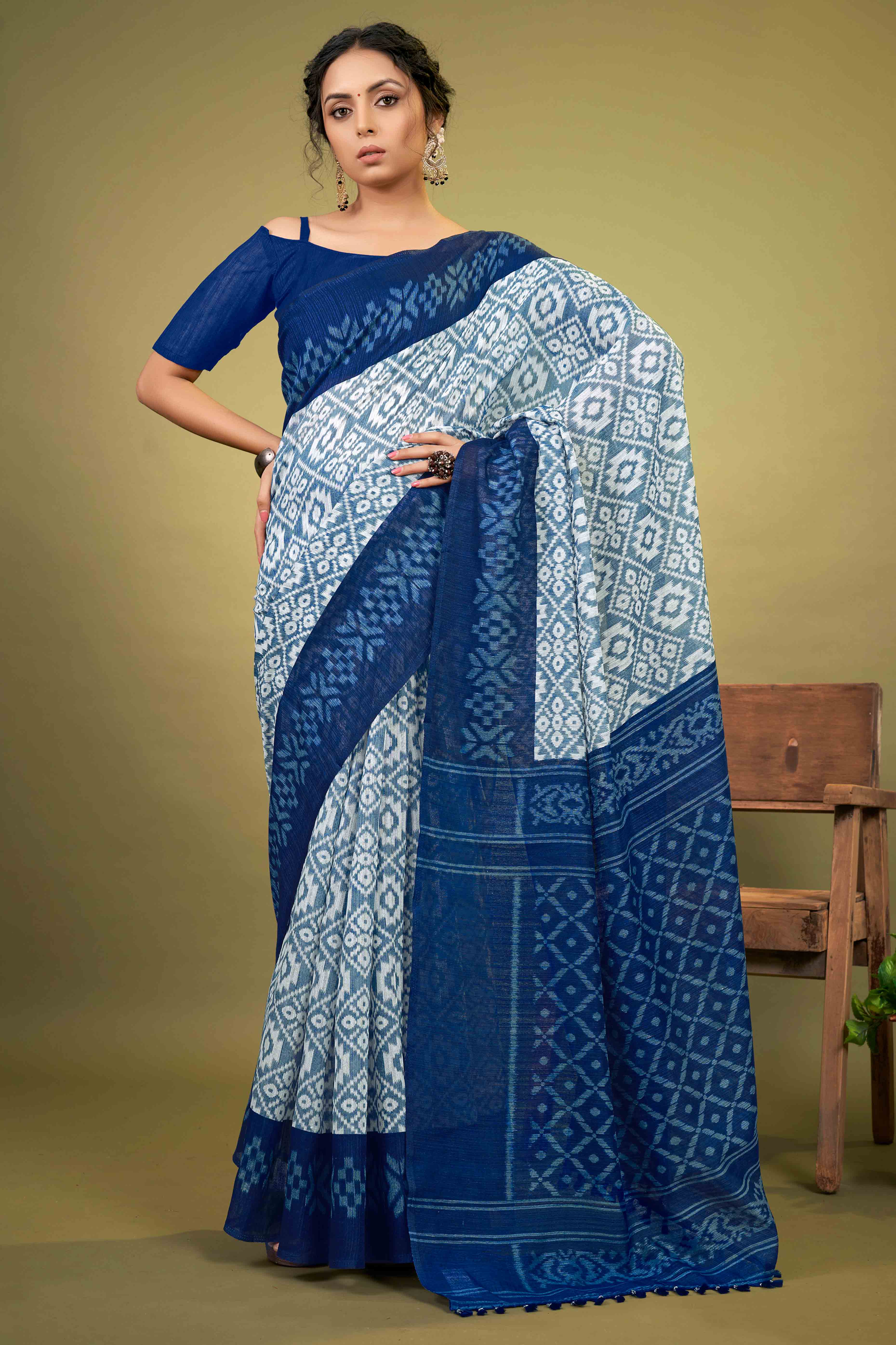 Blue Ikkat Printed Cotton Slub Saree