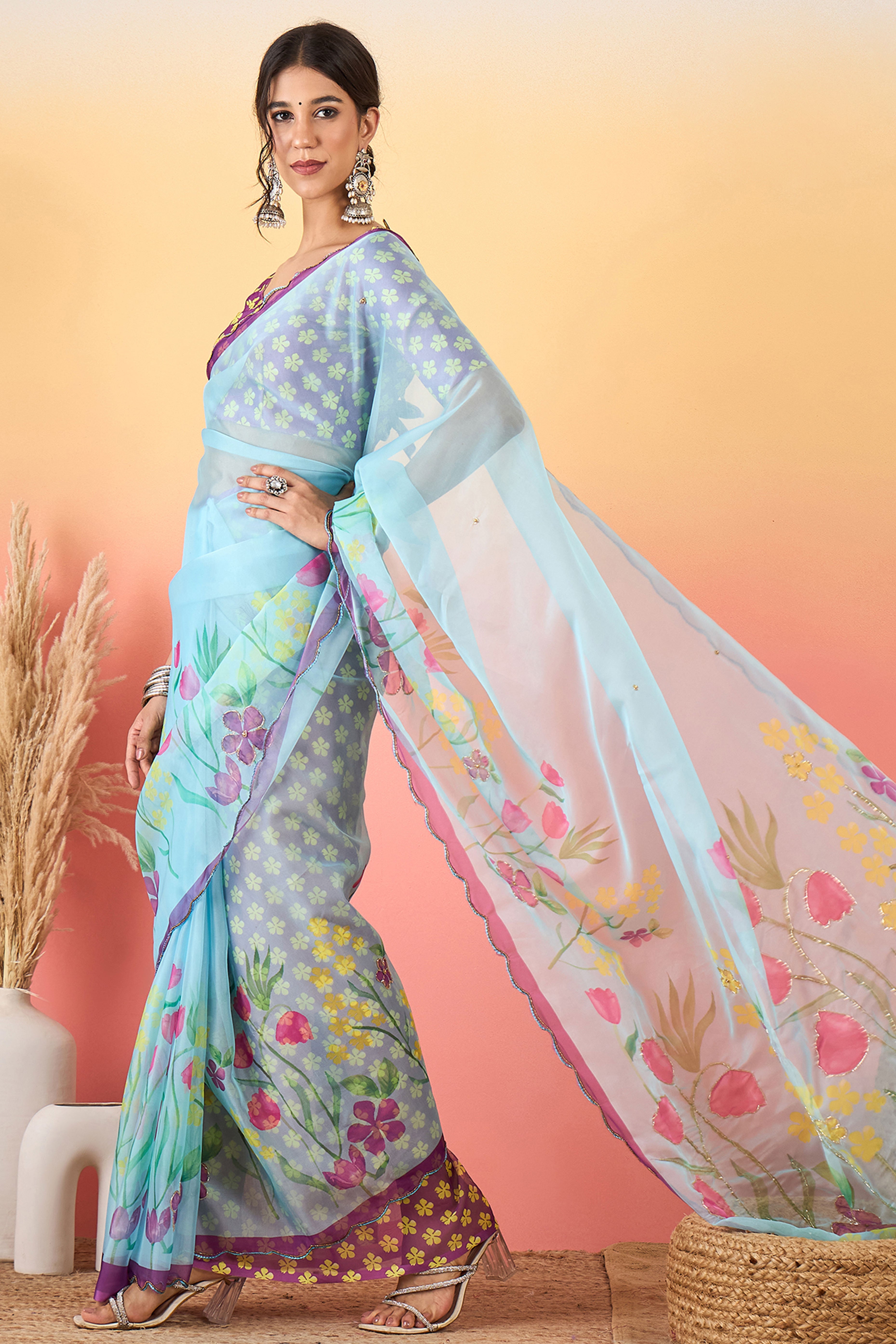Gorgeous Sky Blue Floral Printed Saree in Sheer Organza Blend Fabric with Handcrafted Beads Work