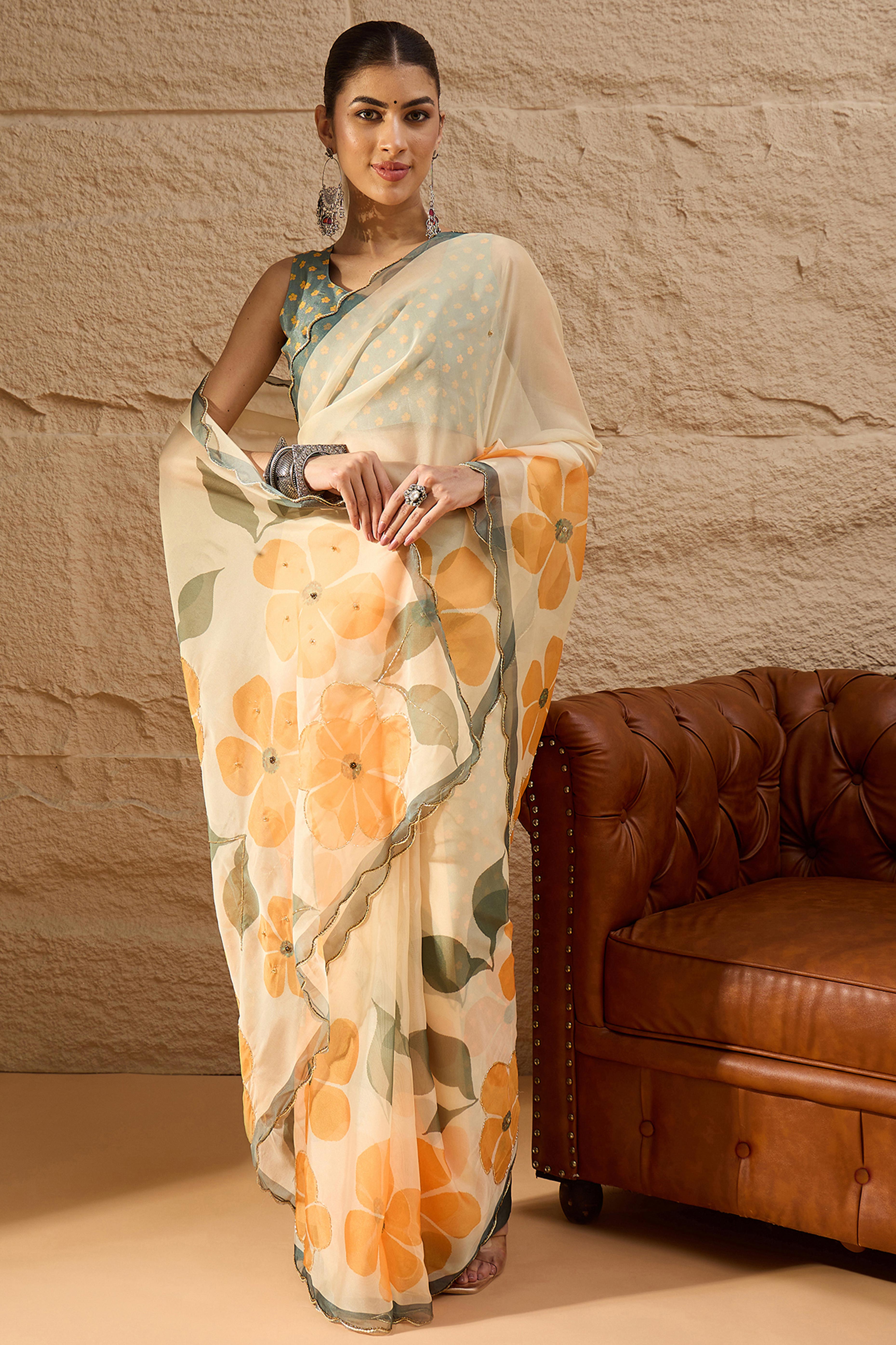 Cream Floral Printed Saree in Sheer Organza Blend Fabric with Handcrafted Beads Work