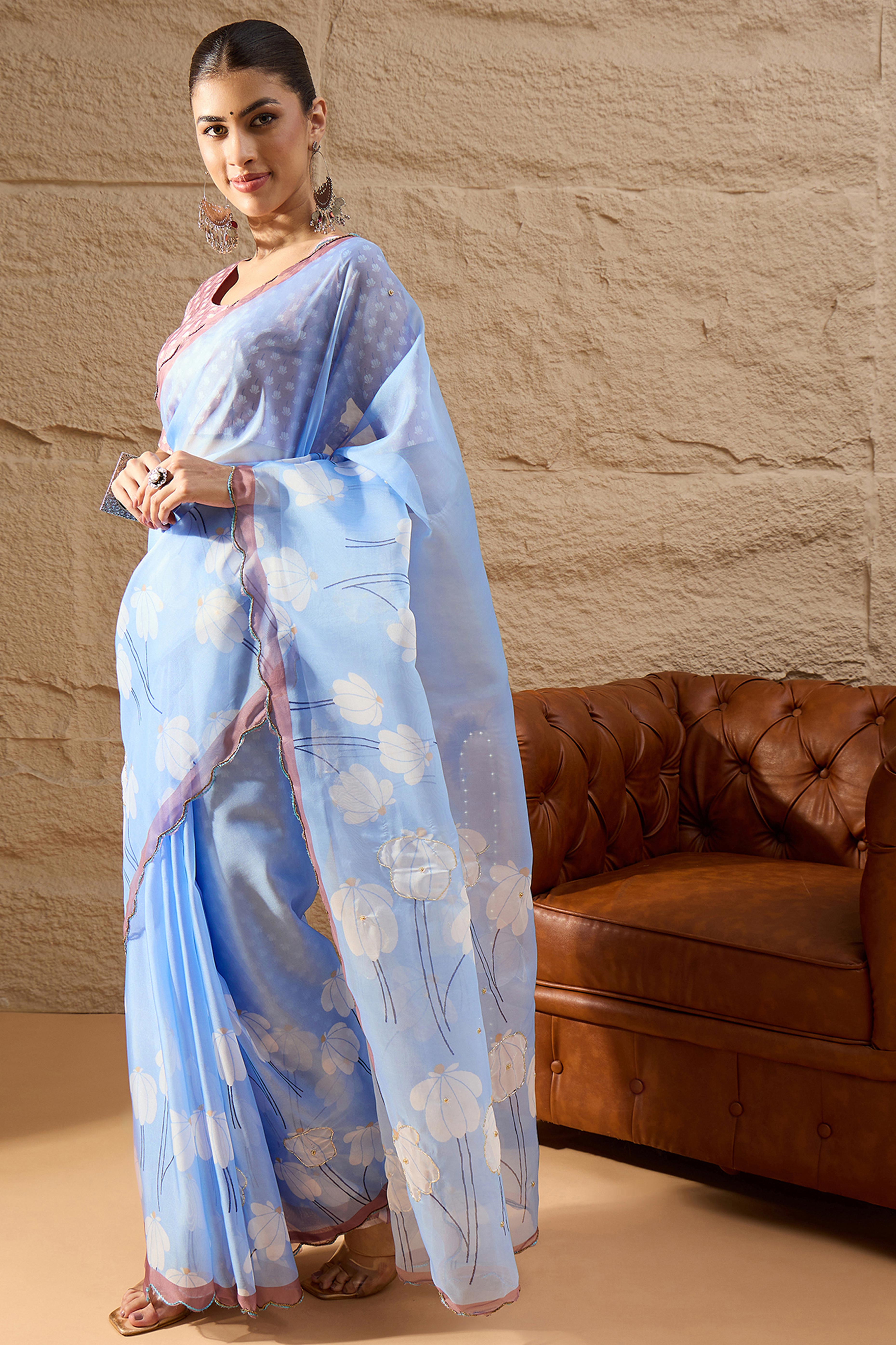 Gorgeous Light Blue Floral Printed Saree in Sheer Organza Blend Fabric with Handcrafted Beads Work