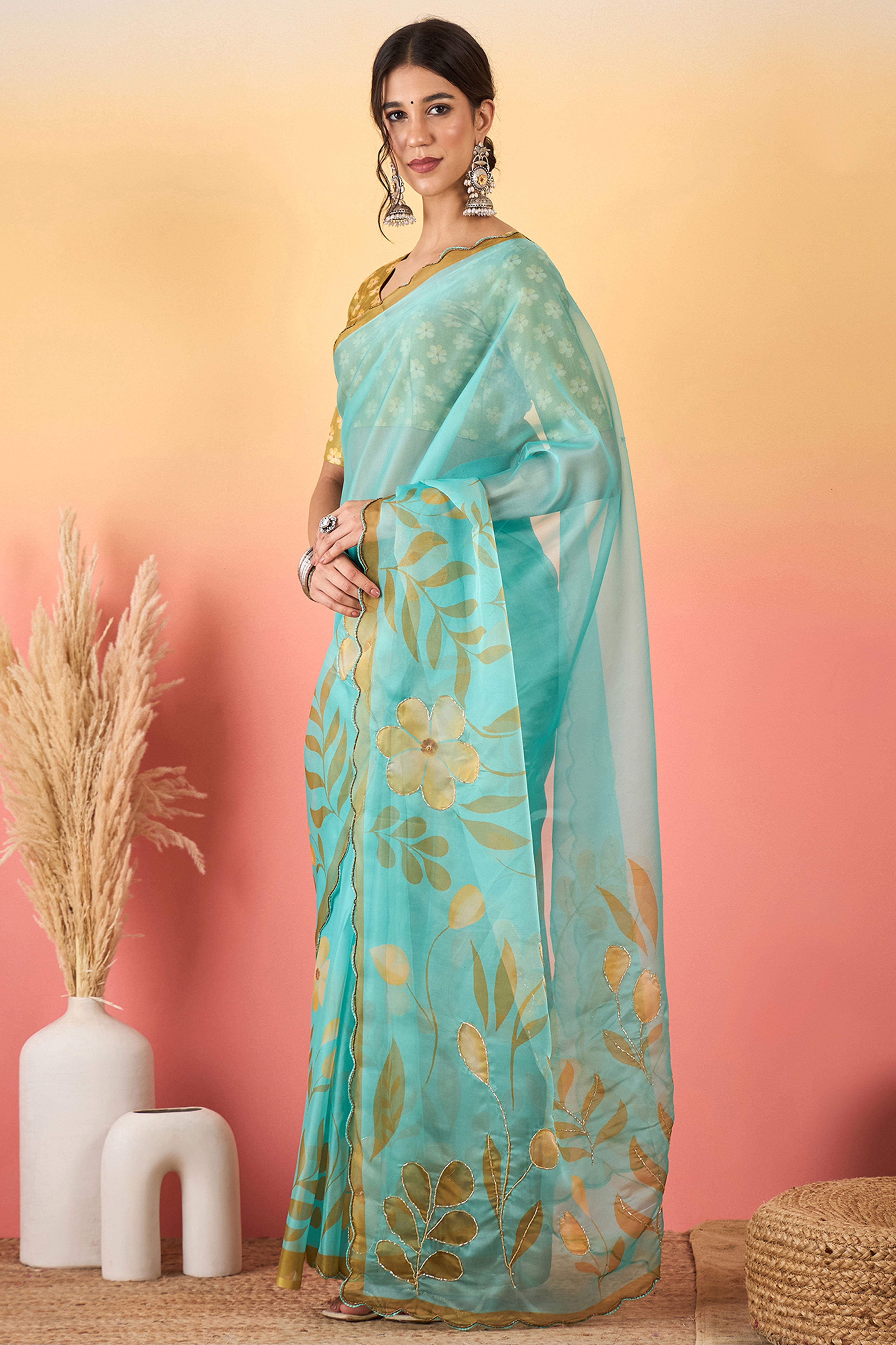 Gorgeous Turquoise Floral Printed Saree in Sheer Organza Blend Fabric with Handcrafted Beads Work