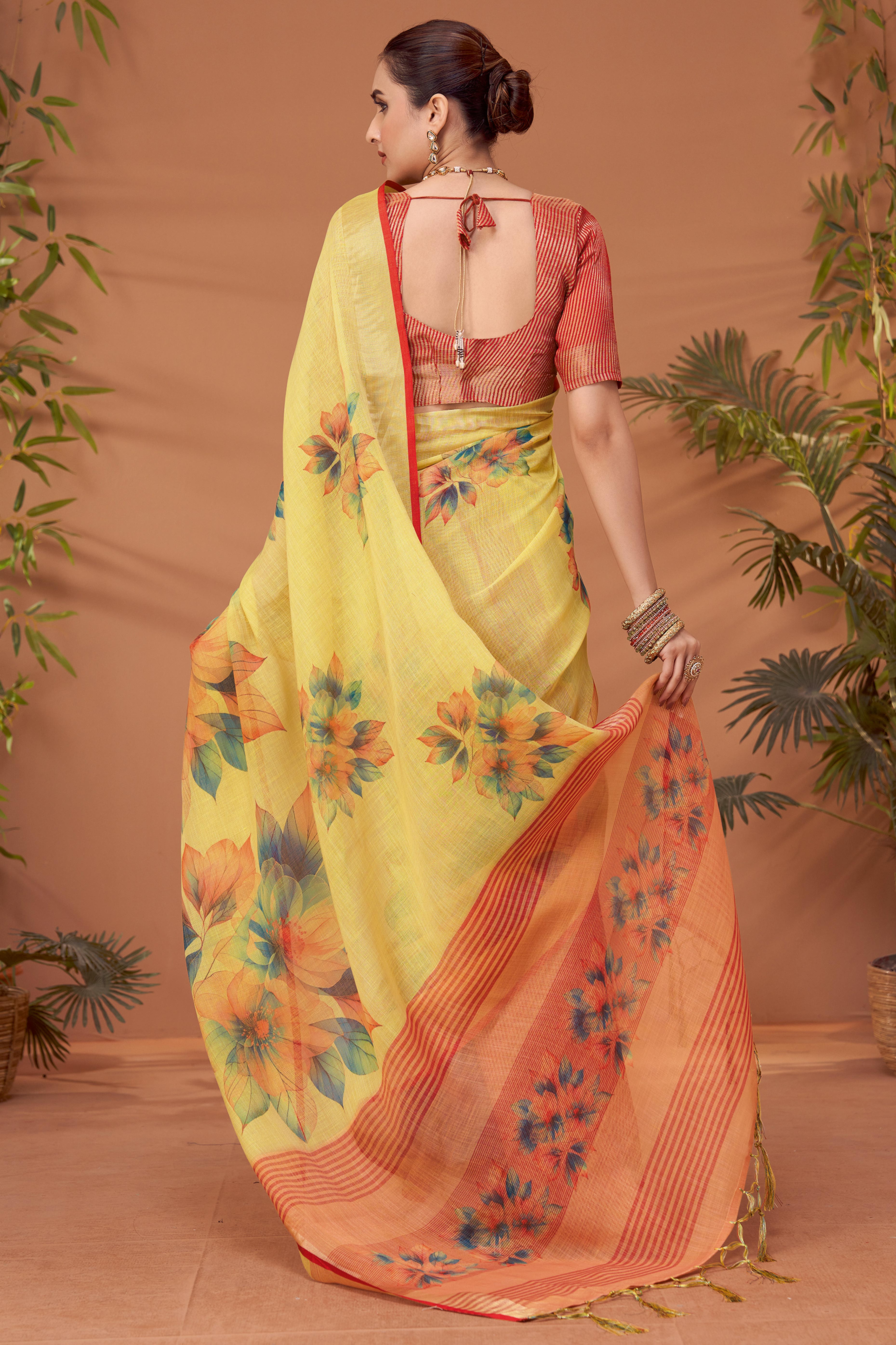 Yellow Woven Floral Printed Linen Blend Saree with Soft Elegant Texture