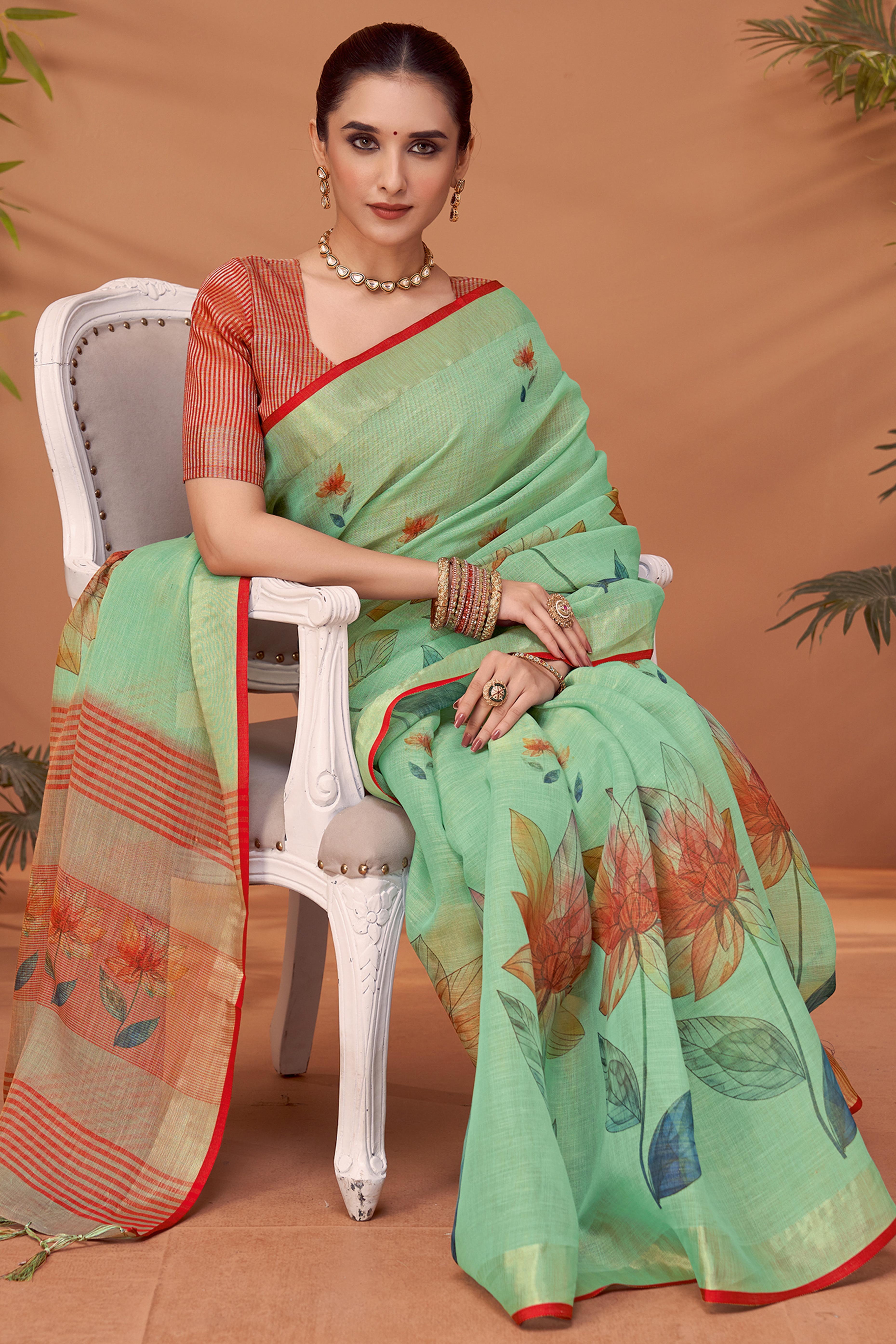 Pista Green Woven Floral Printed Linen Blend Saree with Soft Elegant Texture