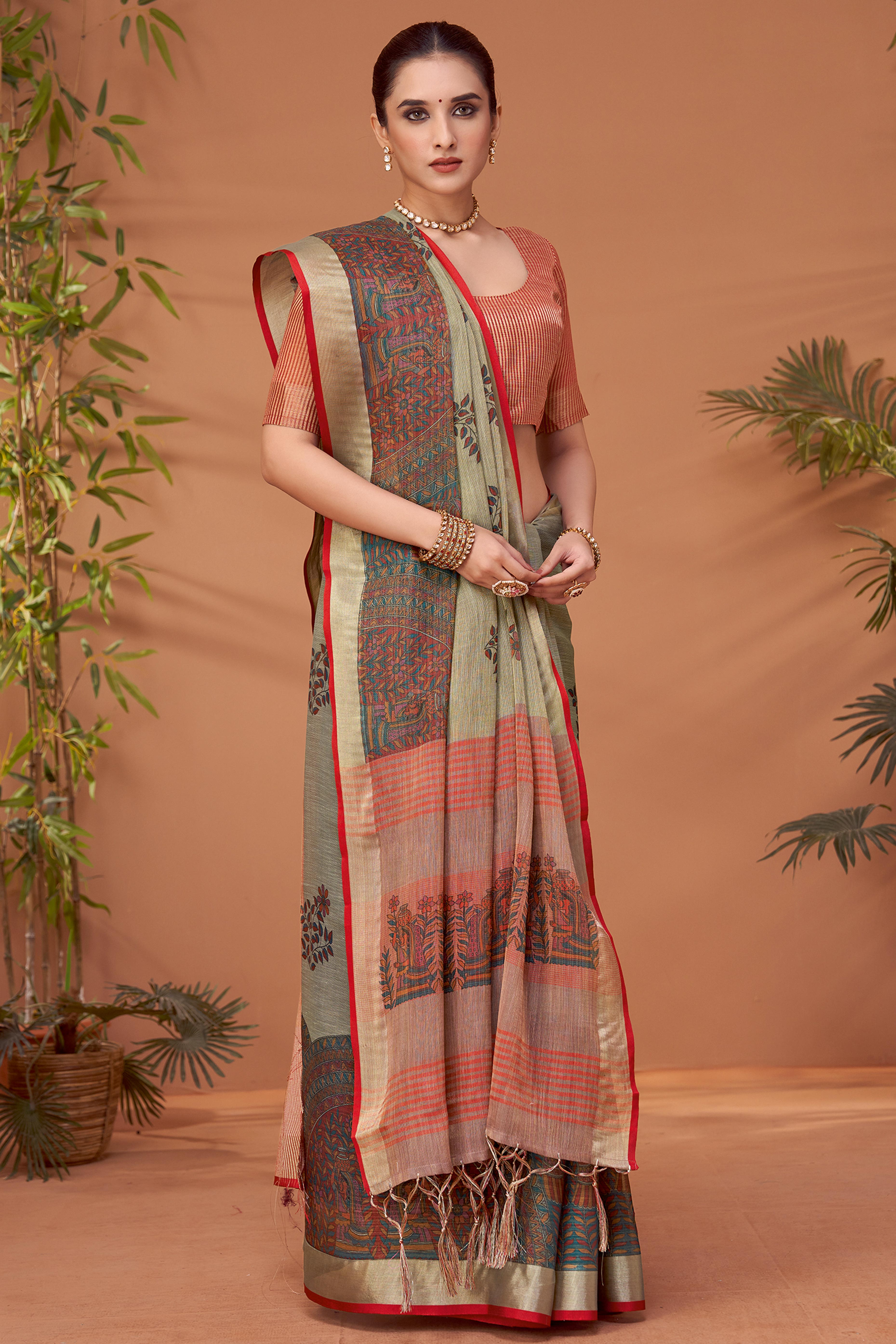 Sage Green Woven Floral Printed Linen Blend Saree with Soft Elegant Texture