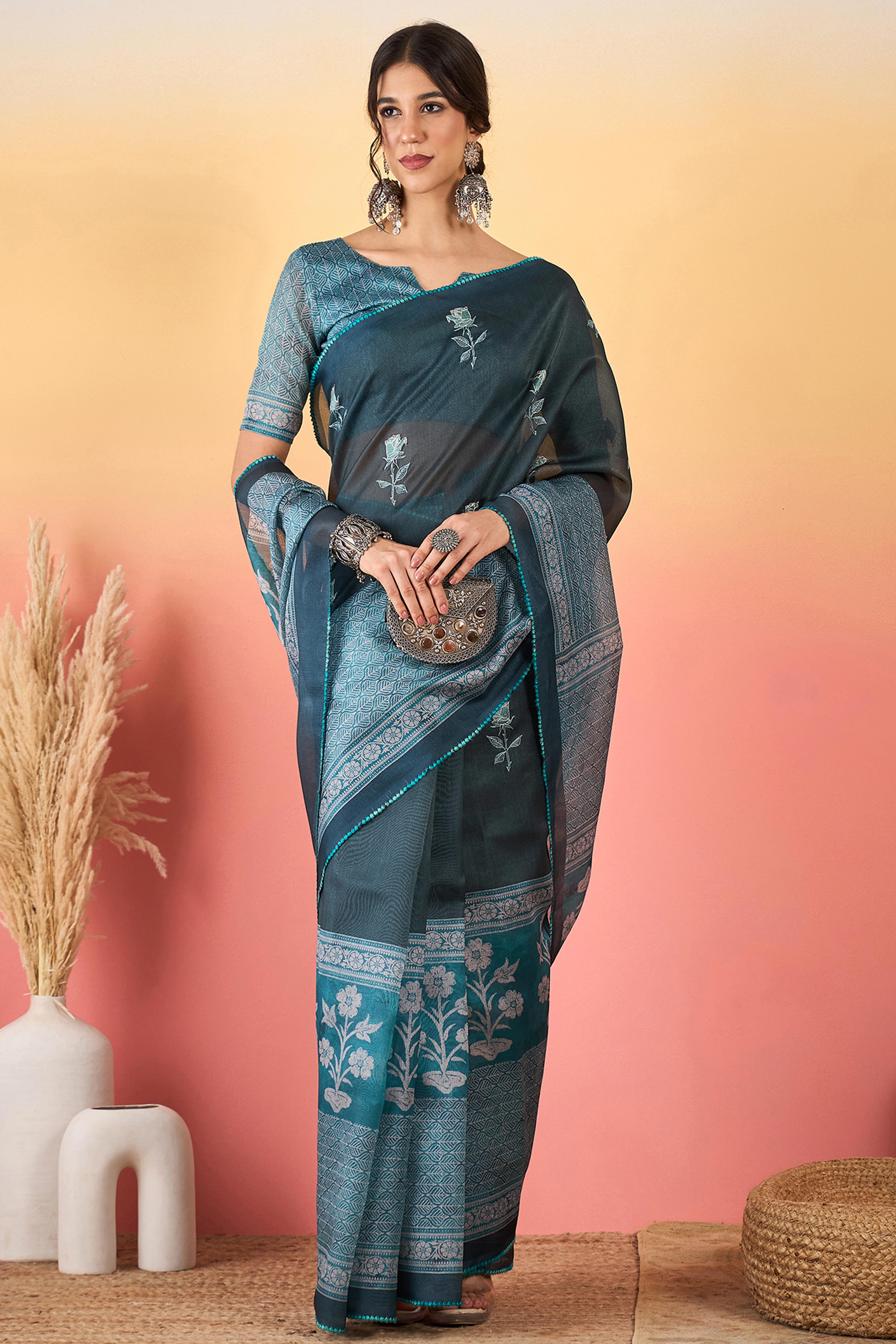 Teal Floral Embroidered Saree Made from Premium Lightweight Silk Blend Material