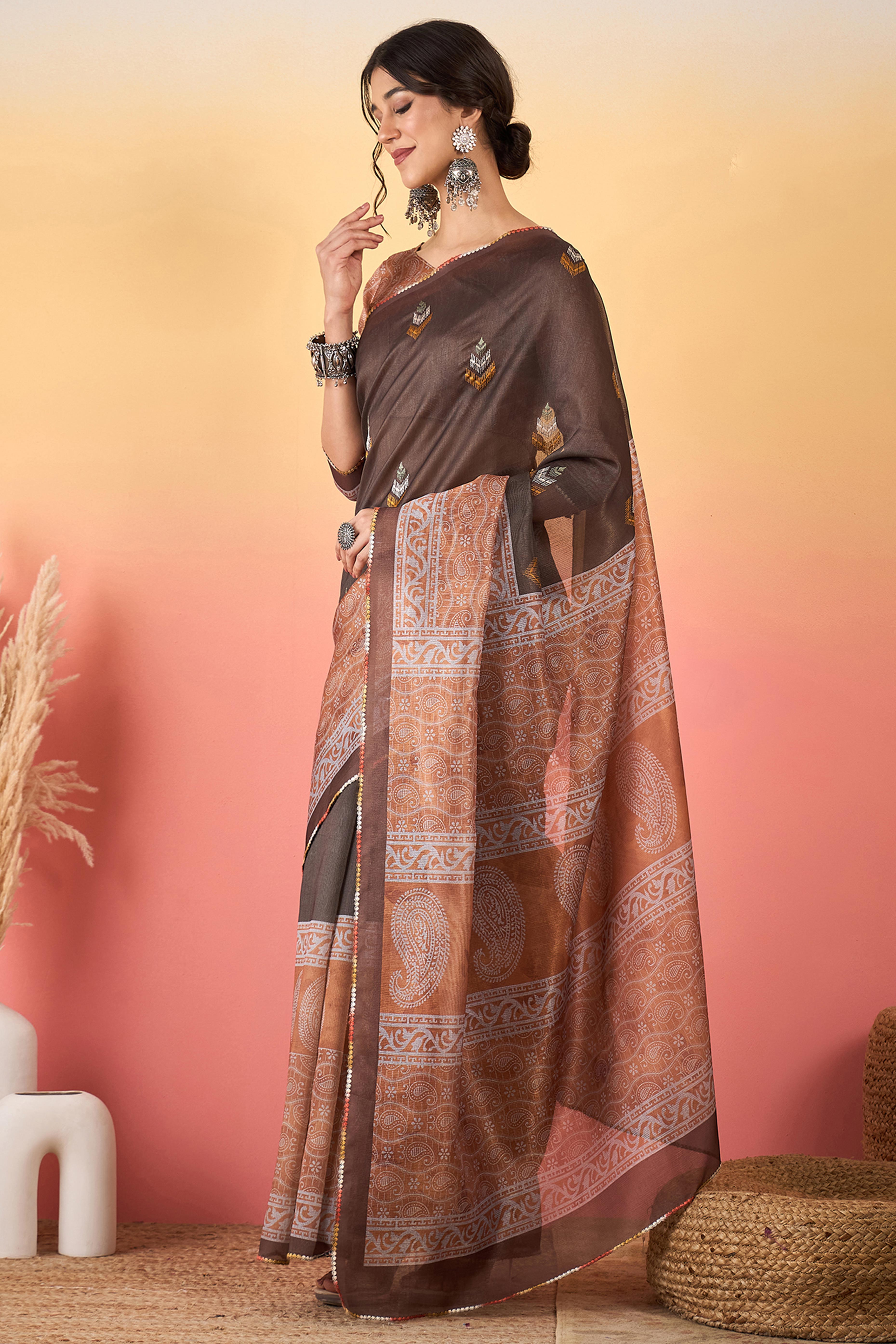Brown Floral Embroidered Saree Made from Premium Lightweight Silk Blend Material