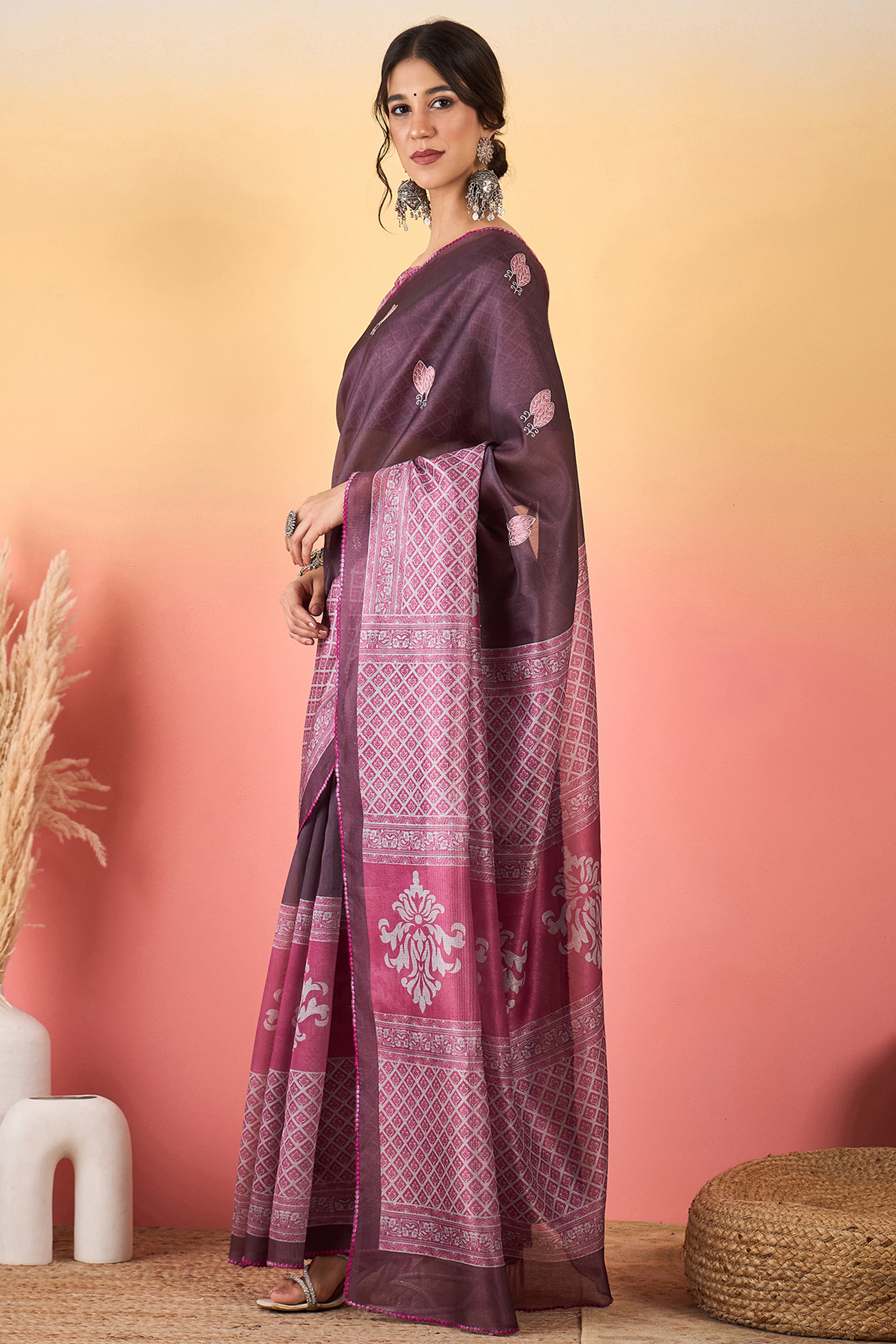 Wine Floral Embroidered Saree Made from Premium Lightweight Silk Blend Material