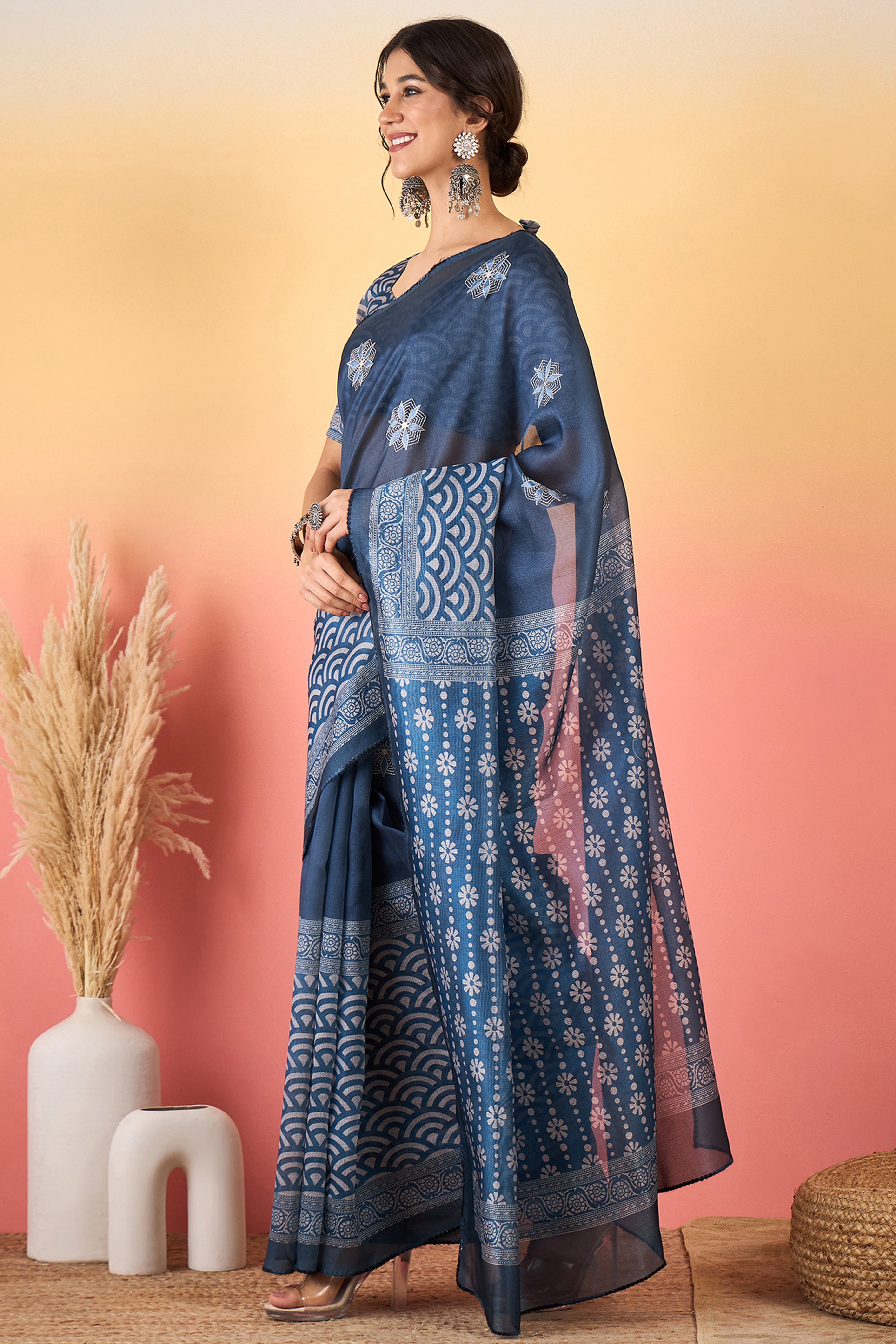 Navy Blue Floral Embroidered Saree Made from Lightweight Silk Blend Material