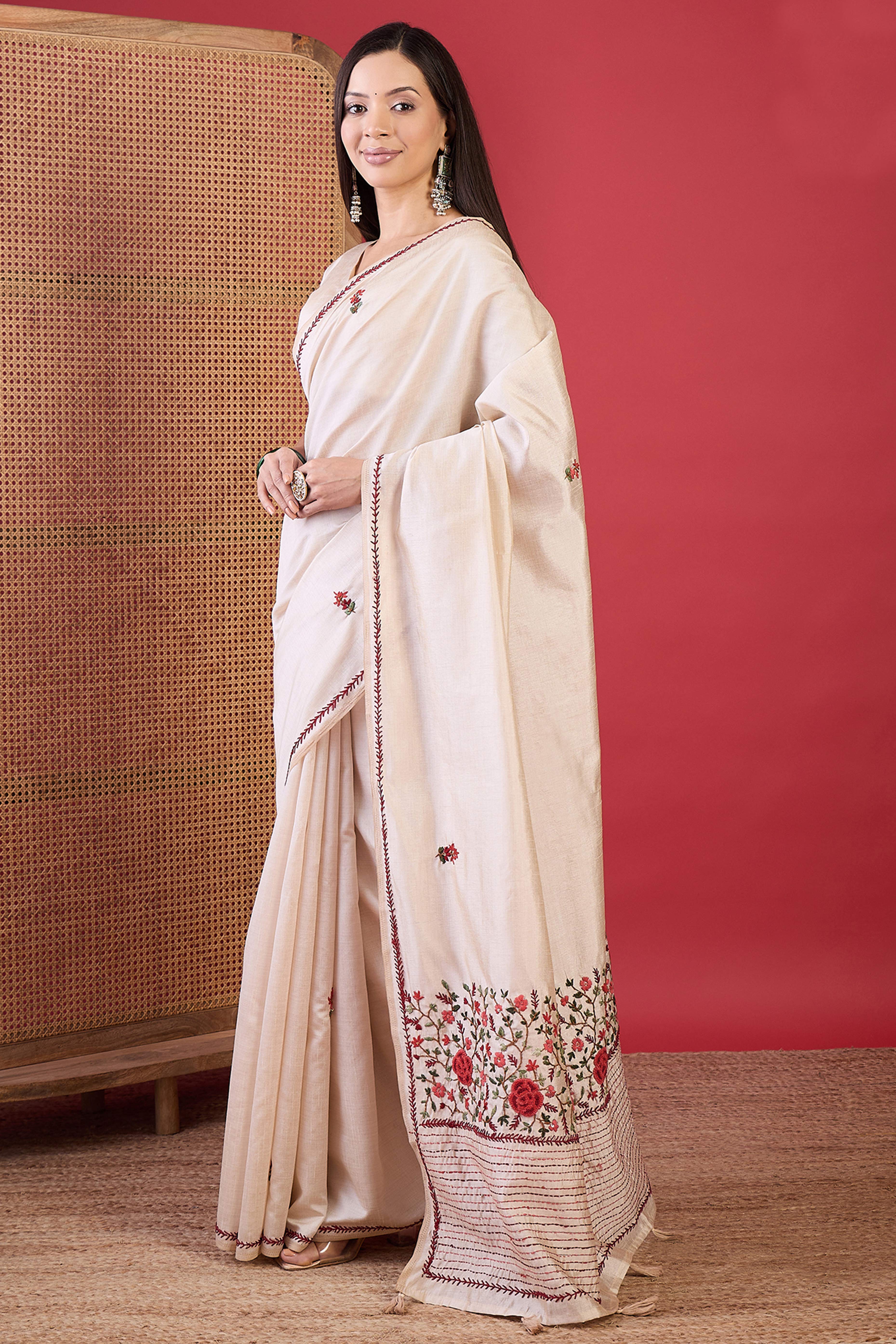 Cream Tussar Silk Saree with Fine Thread Work Embroidery for Festive Wear