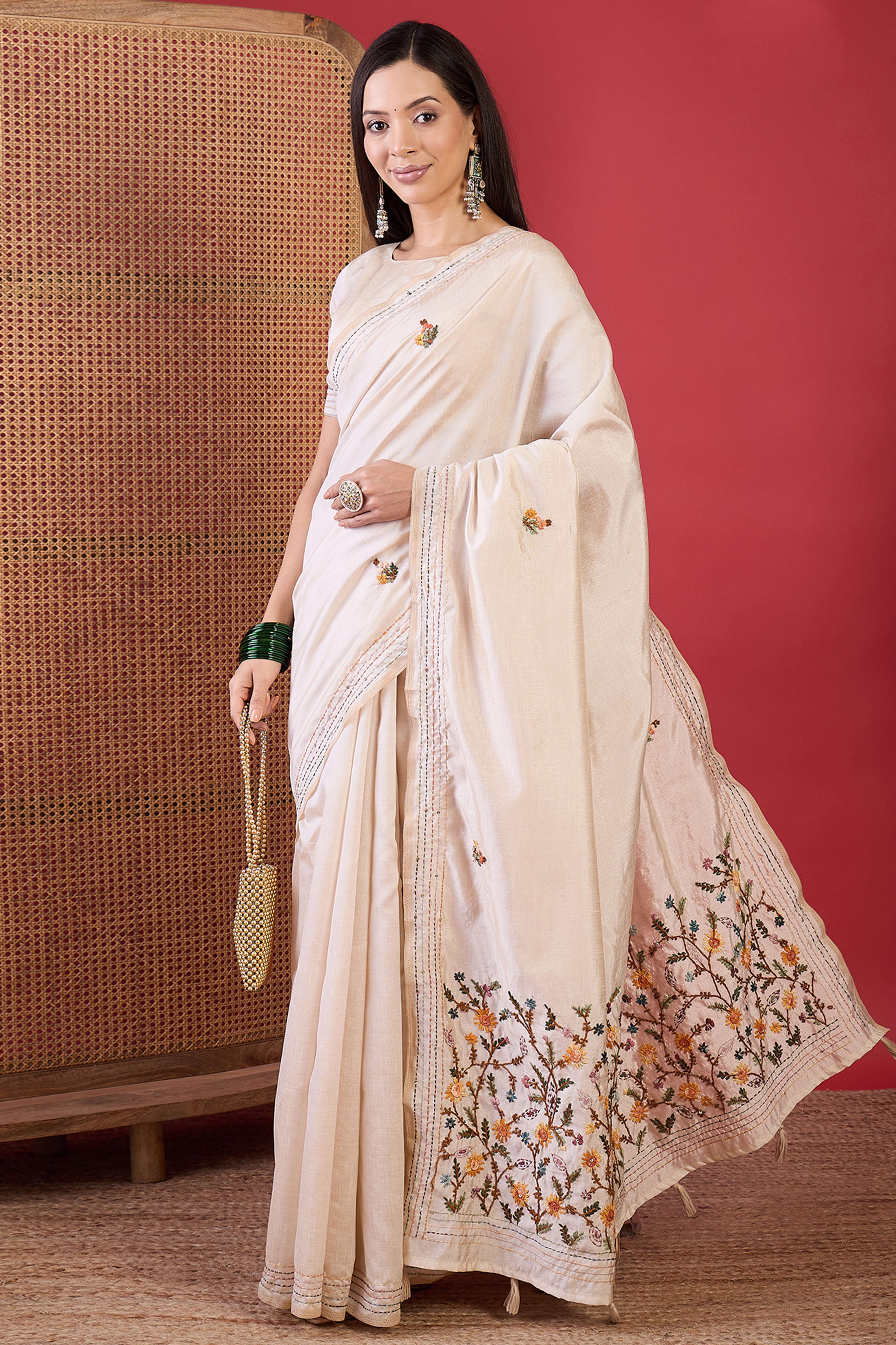 Cream Festive Wear Tussar Silk Saree Adorned with Delicate Thread Embroidery