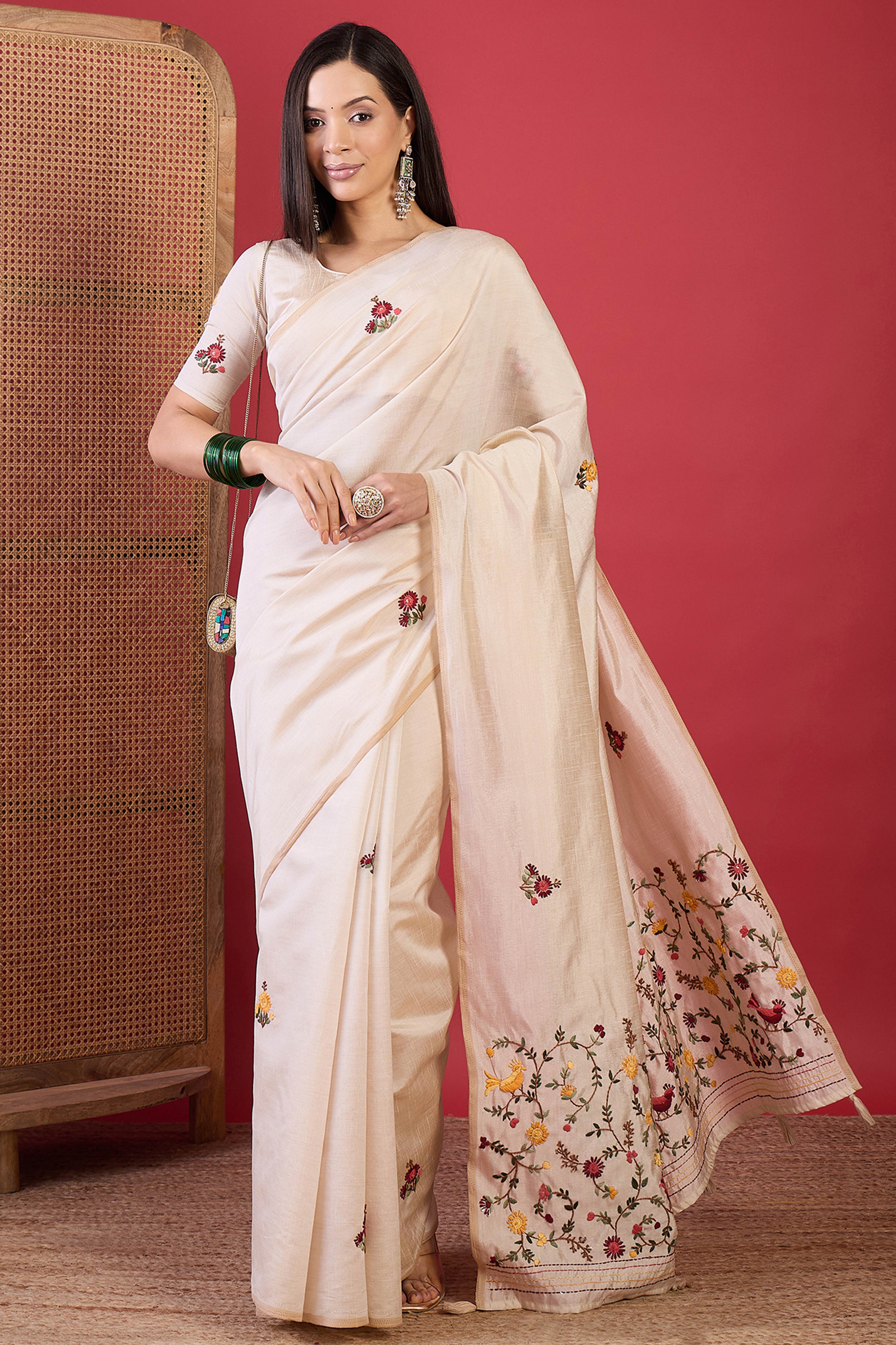 Cream Thread Embroidered Tussar Silk Saree for Traditional Occasions