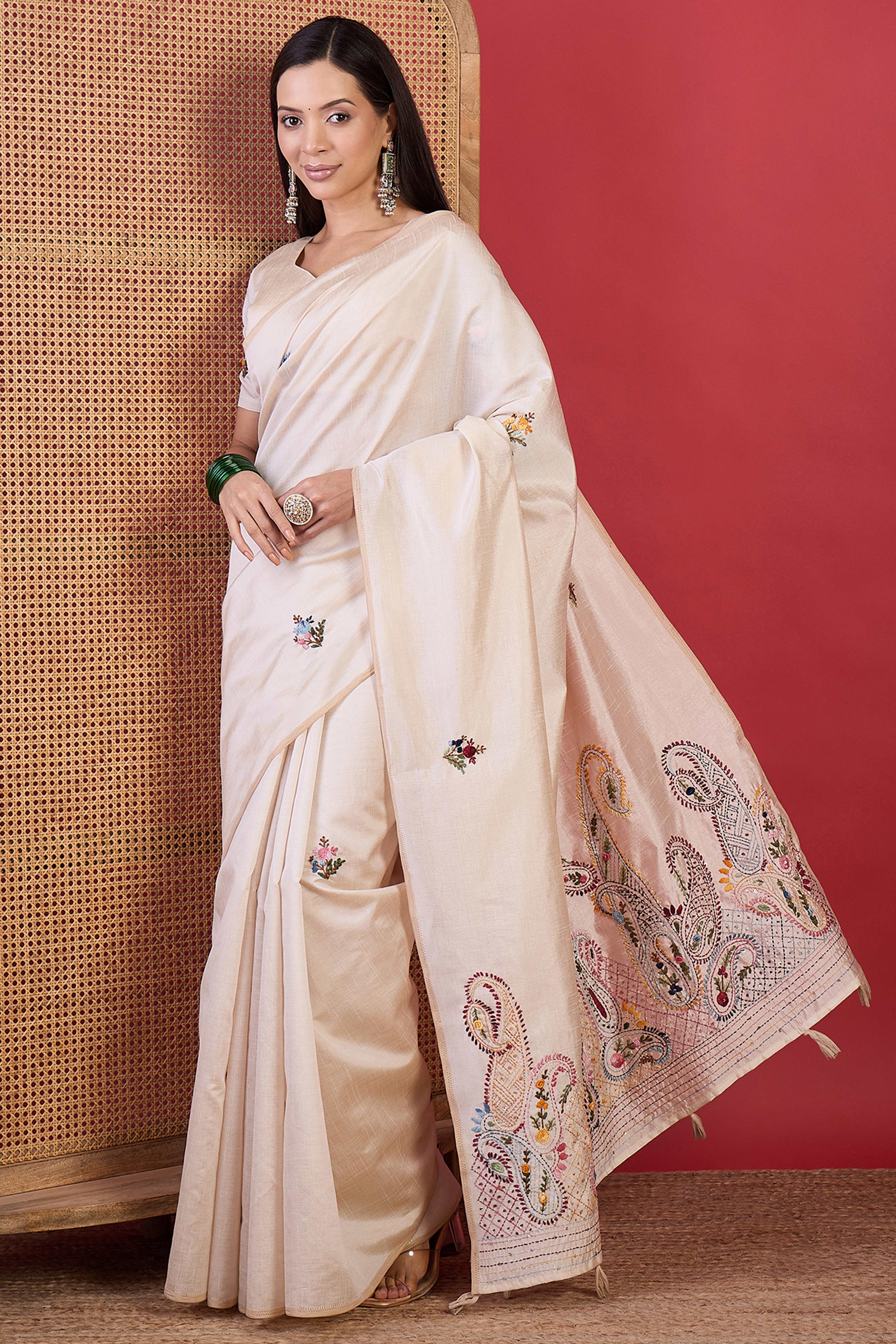 Cream Thread Work Embroidered Tussar Silk Saree for Elegant Festive Wear