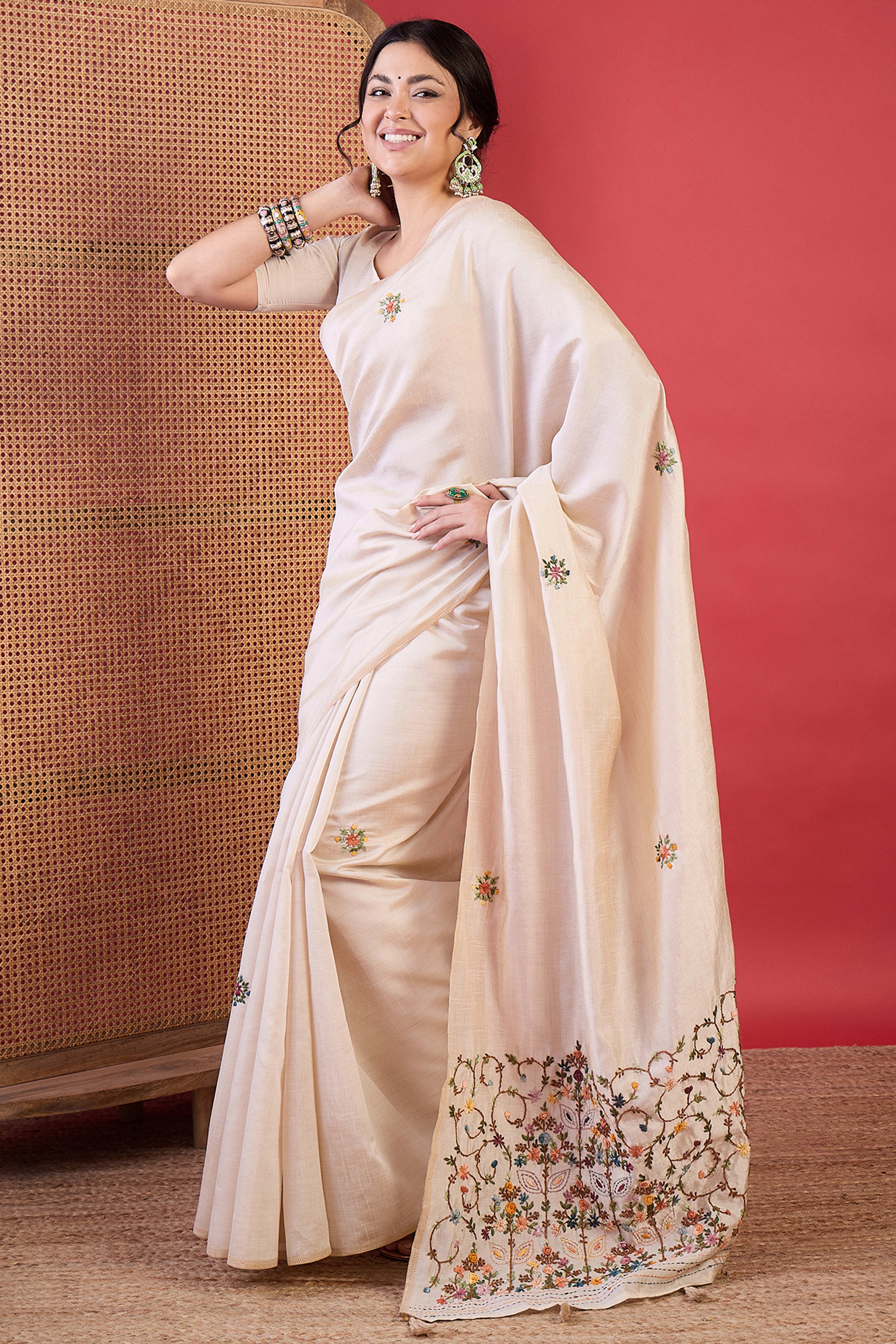 Sophisticated Cream Thread Embroidered Tussar Silk Saree for Special Occasions