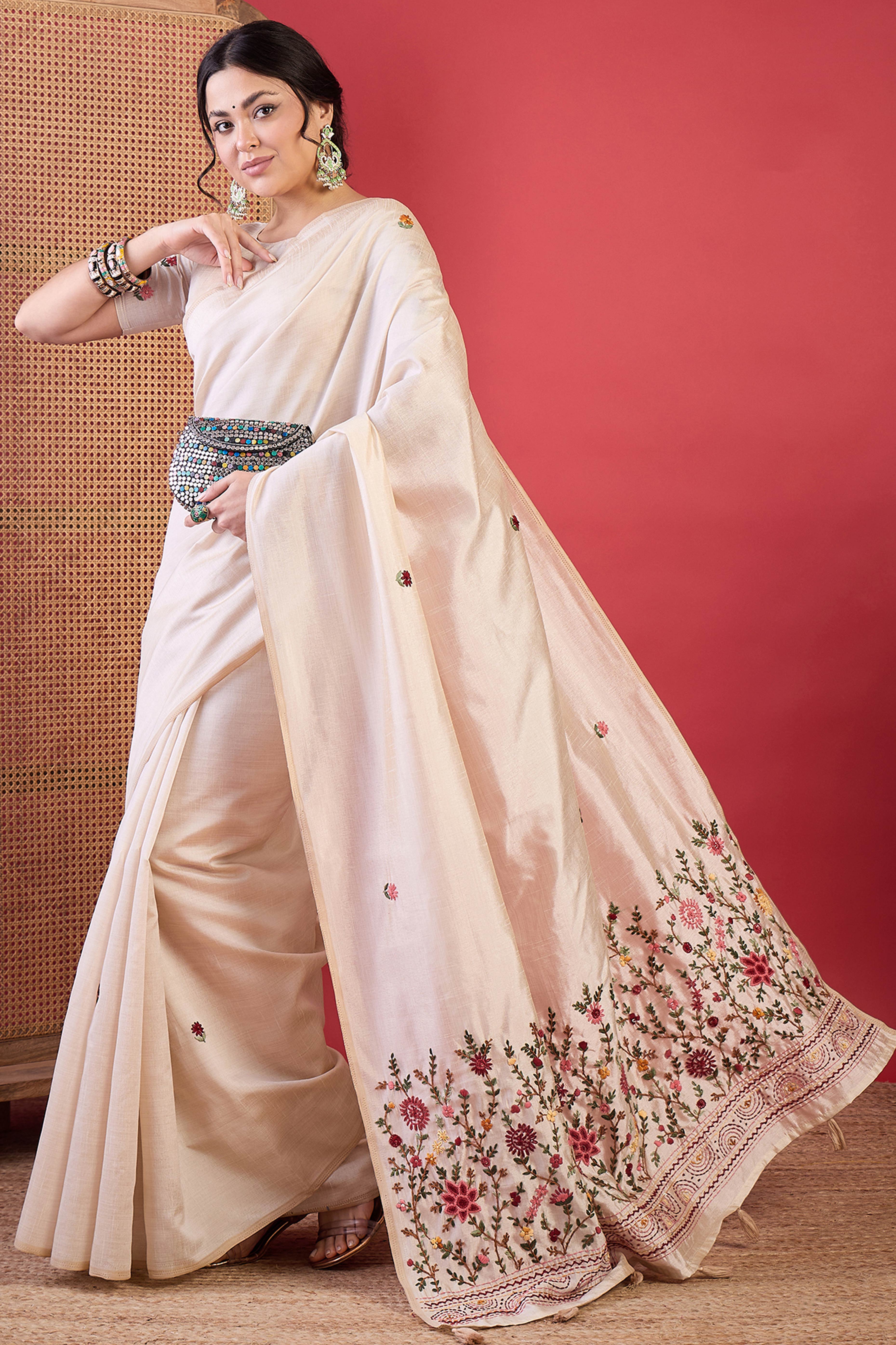 Cream Thread Work Embroidered Tussar Silk Saree with Rich Style