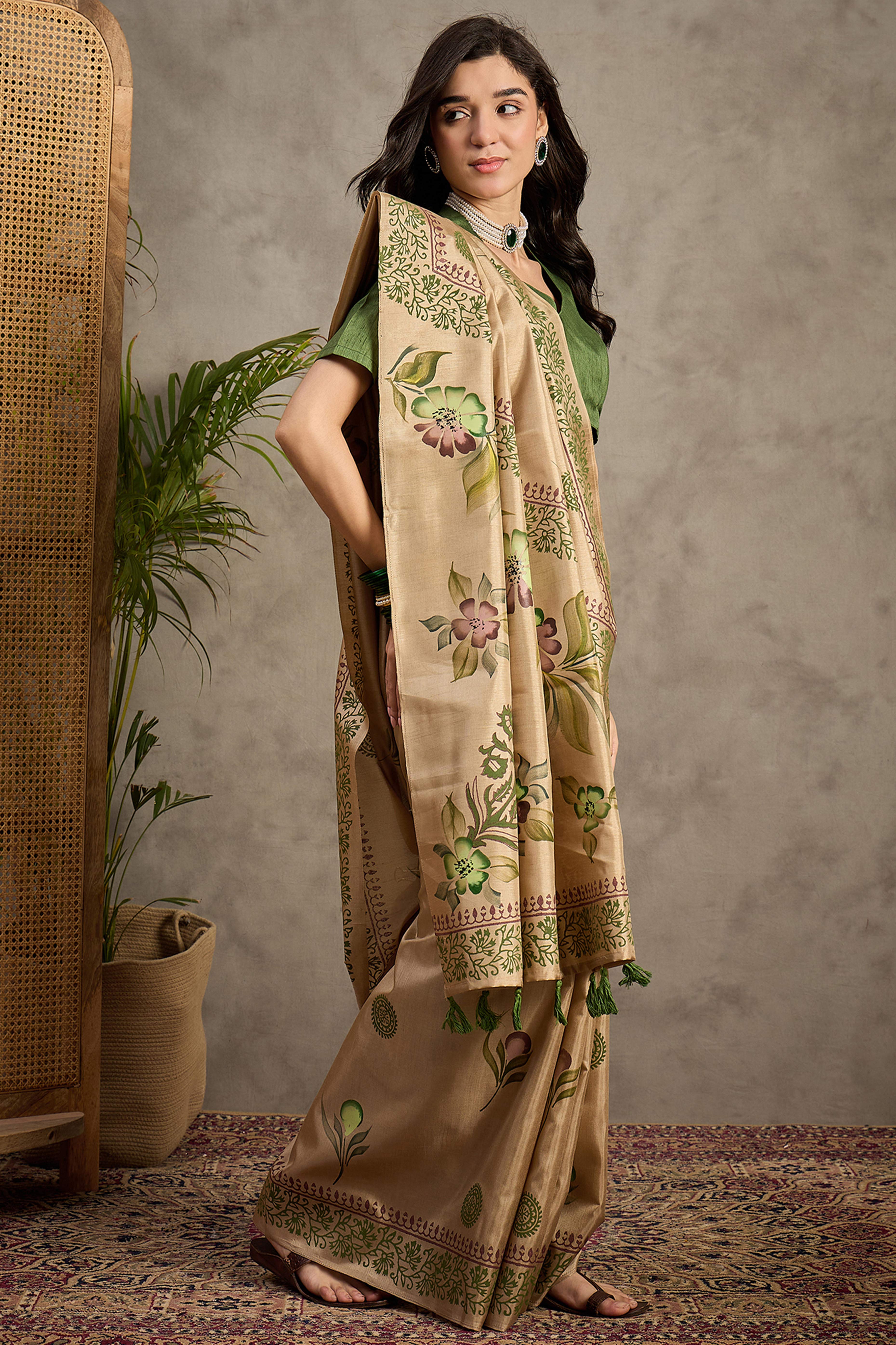 Beige Blossom Printed Kozi Cotton Silk Saree Adorned With Stylish Tassel Detailing Pallu
