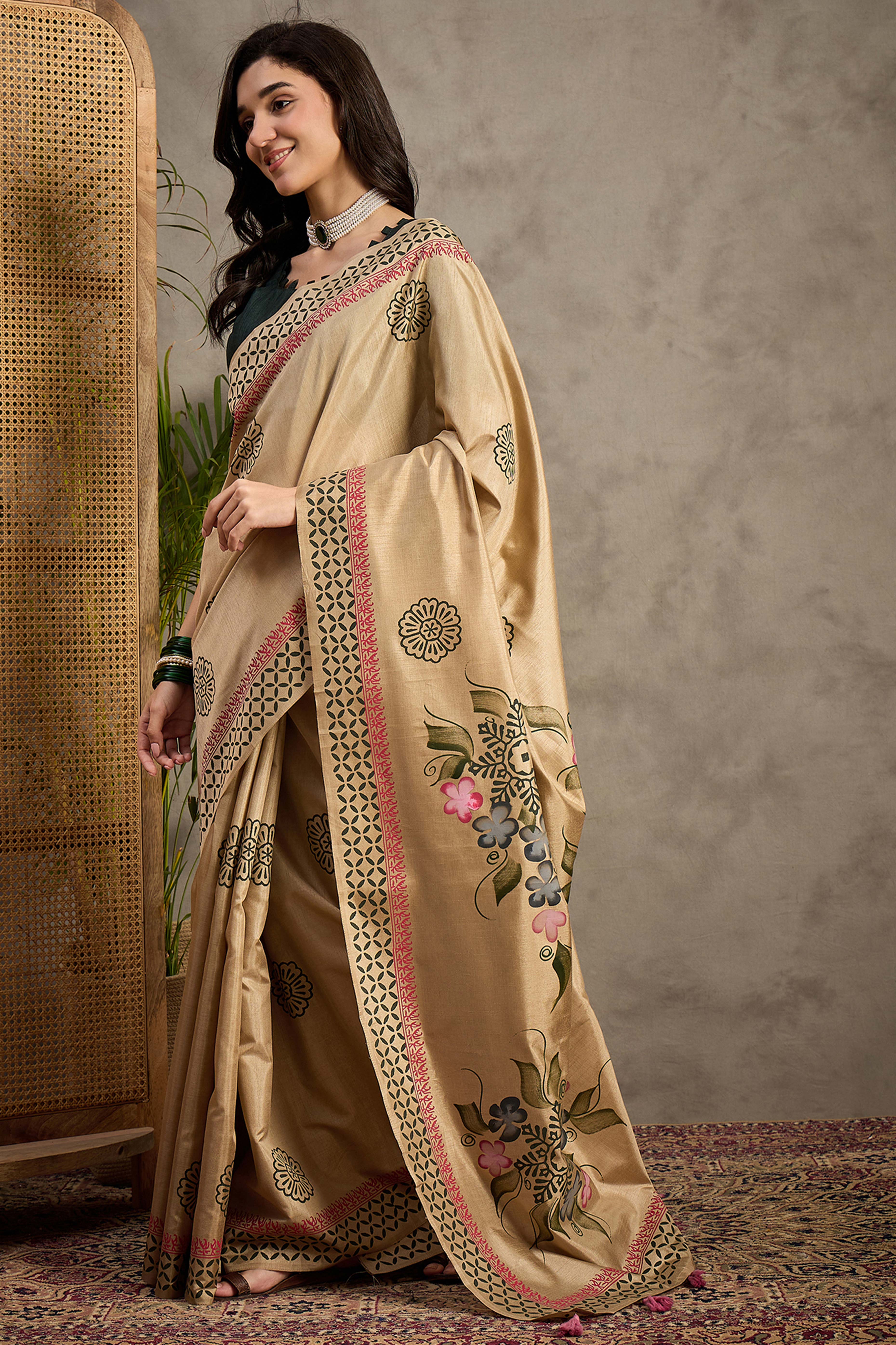 Charming Beige Floral Printed Kozi Cotton Silk Saree With Contemporary Tassel Pallu