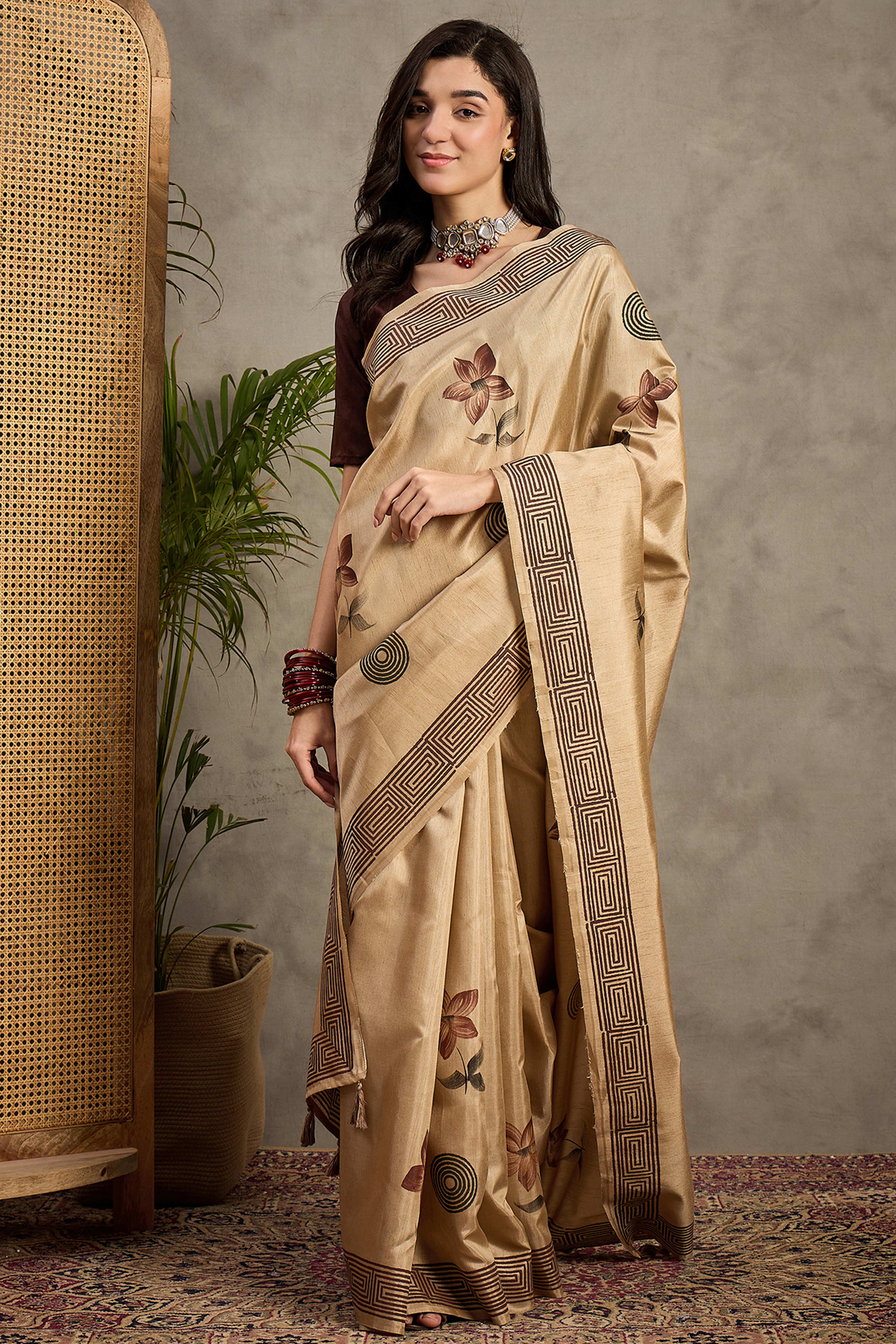 Refined Beige Floral Print Kozi Cotton Silk Saree Highlighted With Tassel Pallu