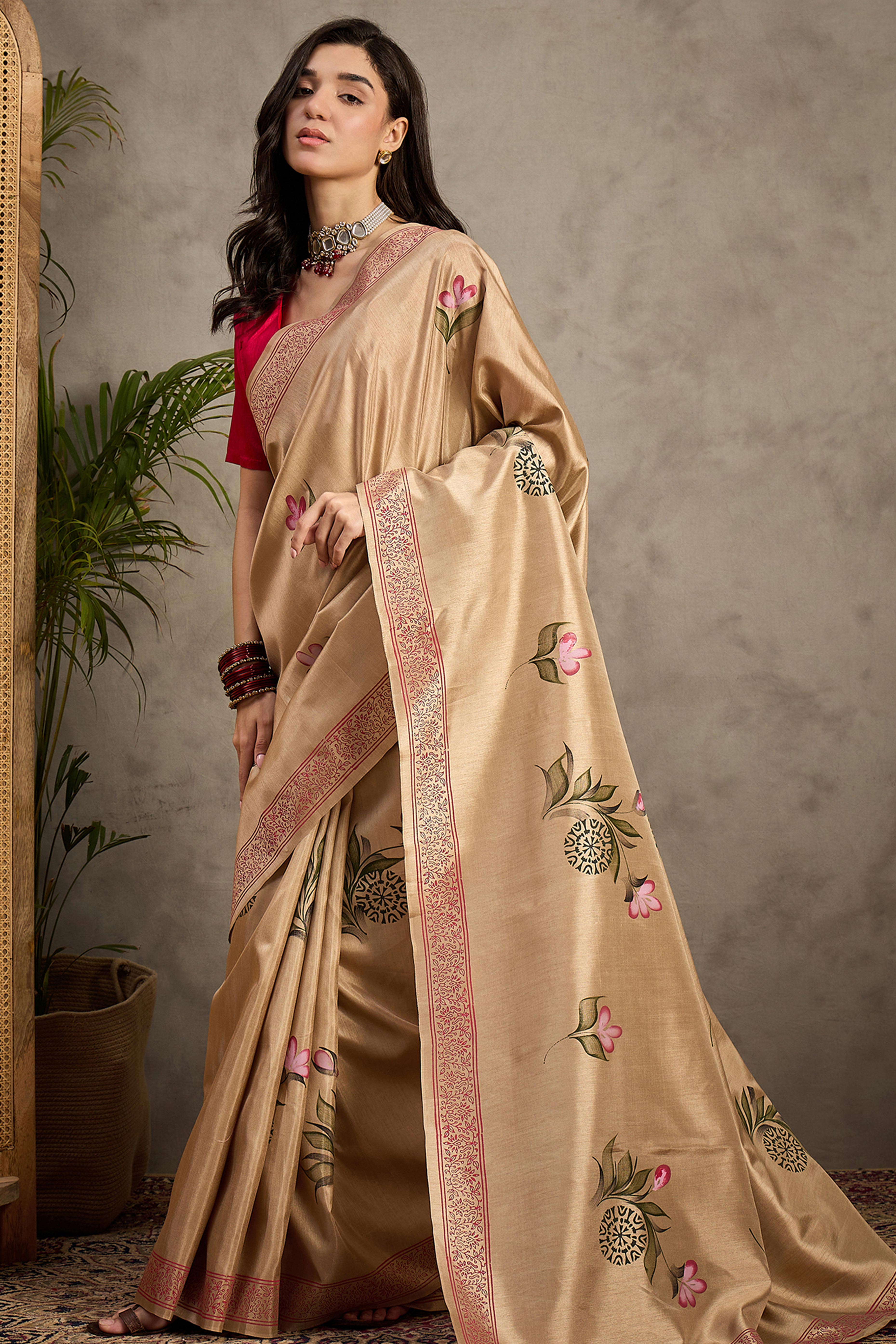 Beige Botanical Print Kozi Cotton Silk Saree Embellished With Elegant Tassel Edges