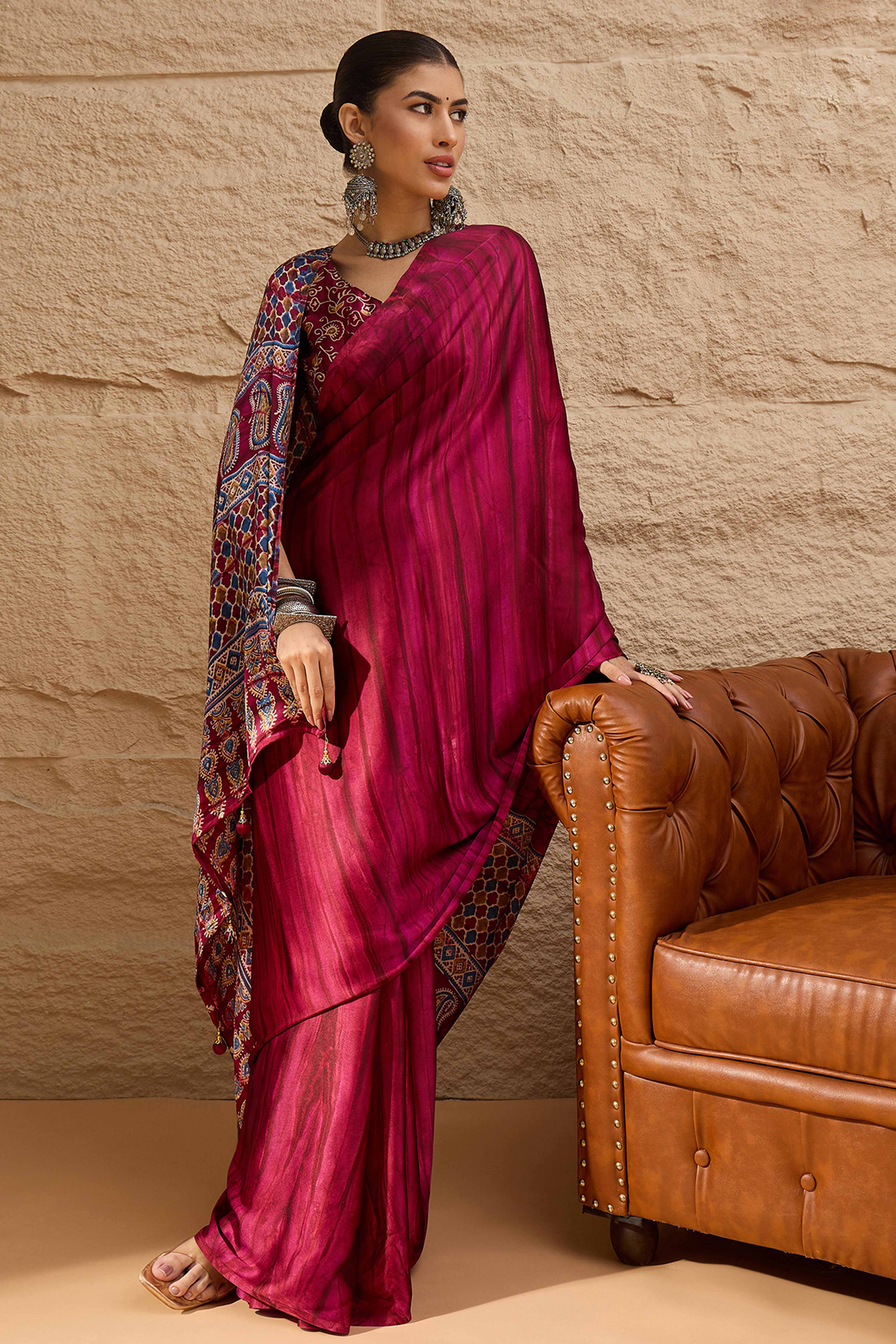 Ajrakh Print Pink Satin Saree with Ethnic Appeal