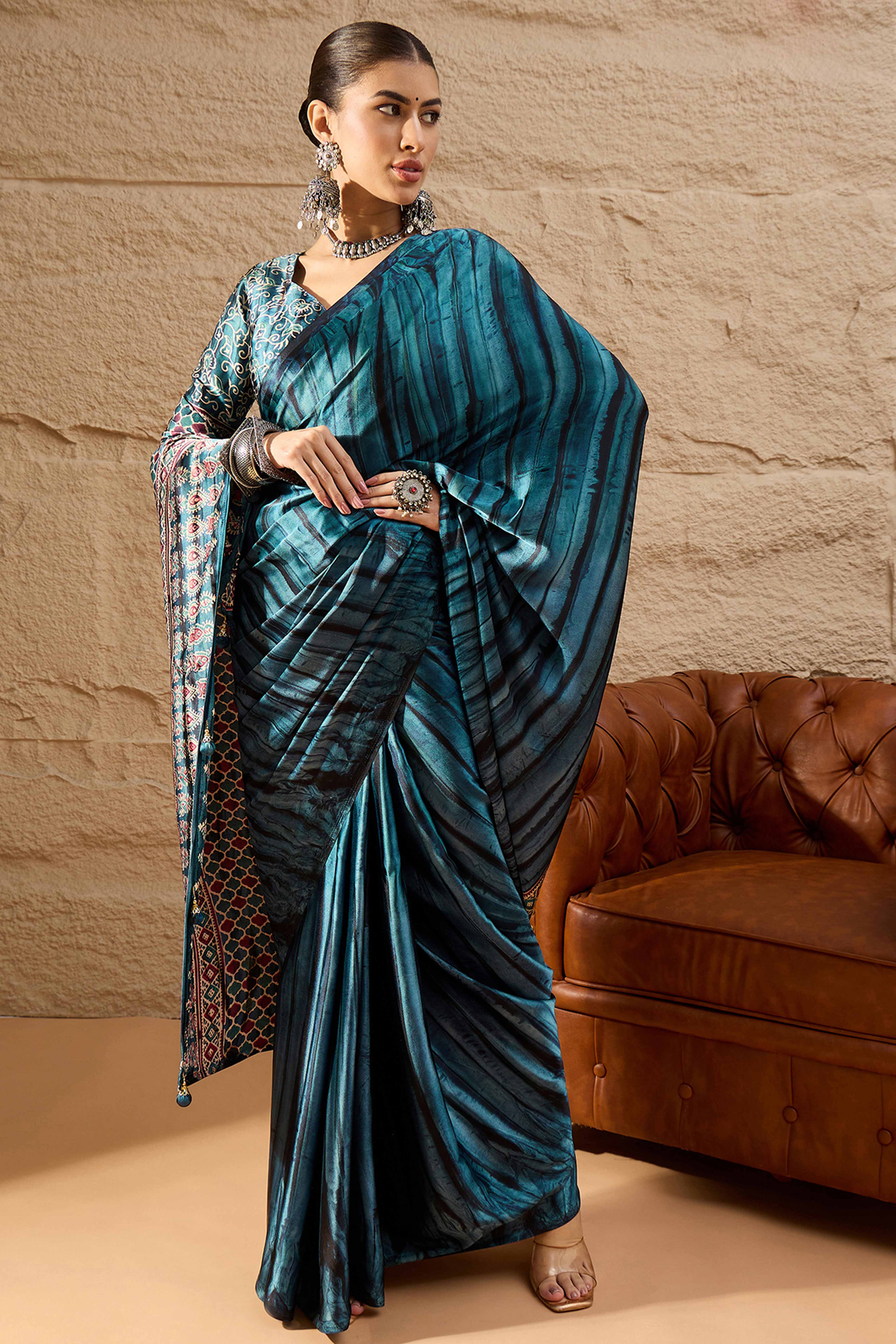 Ajrakh Print Dark Teal Satin Saree with Ethnic Appeal