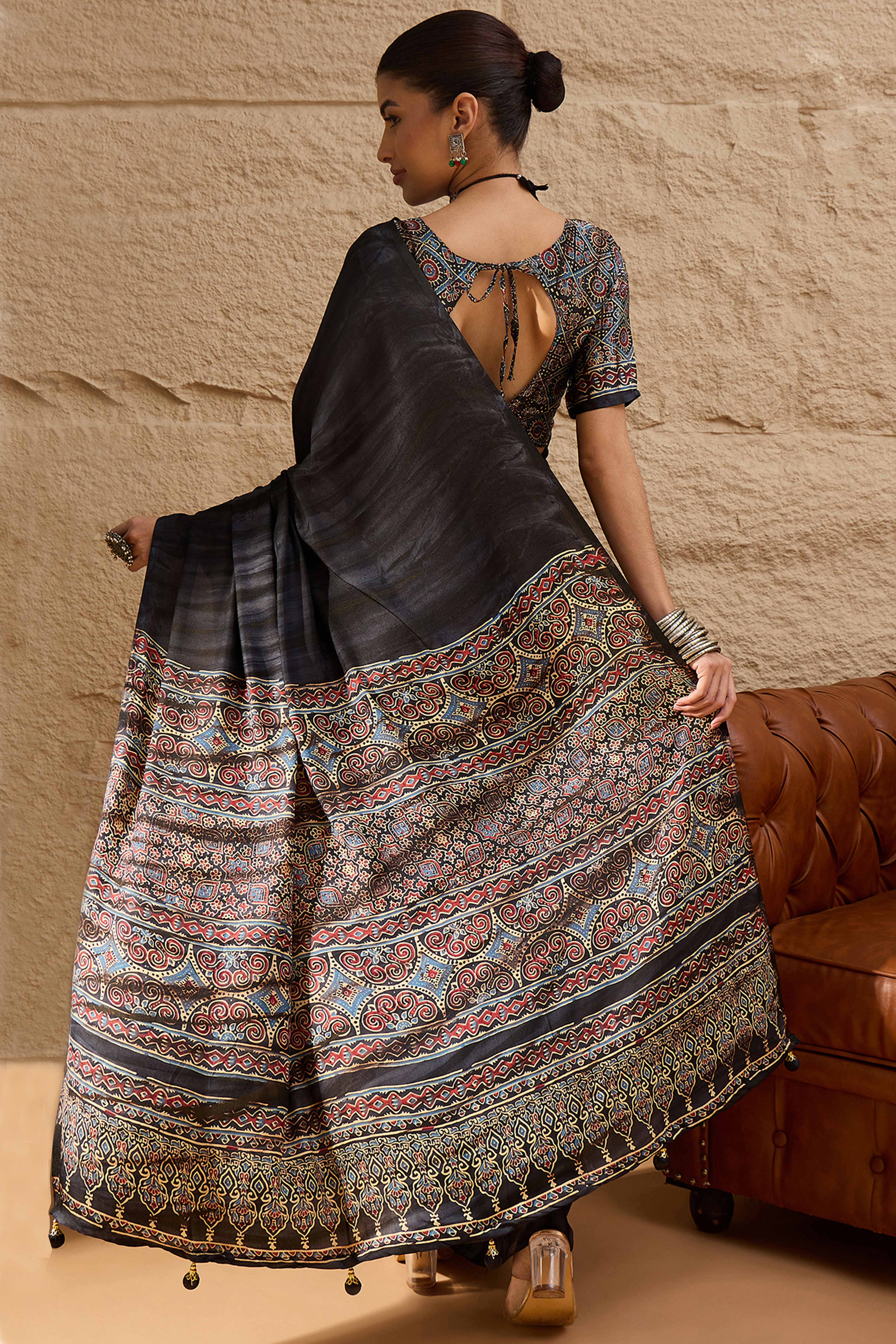 Ajrakh Print Black Satin Saree with Ethnic Appeal