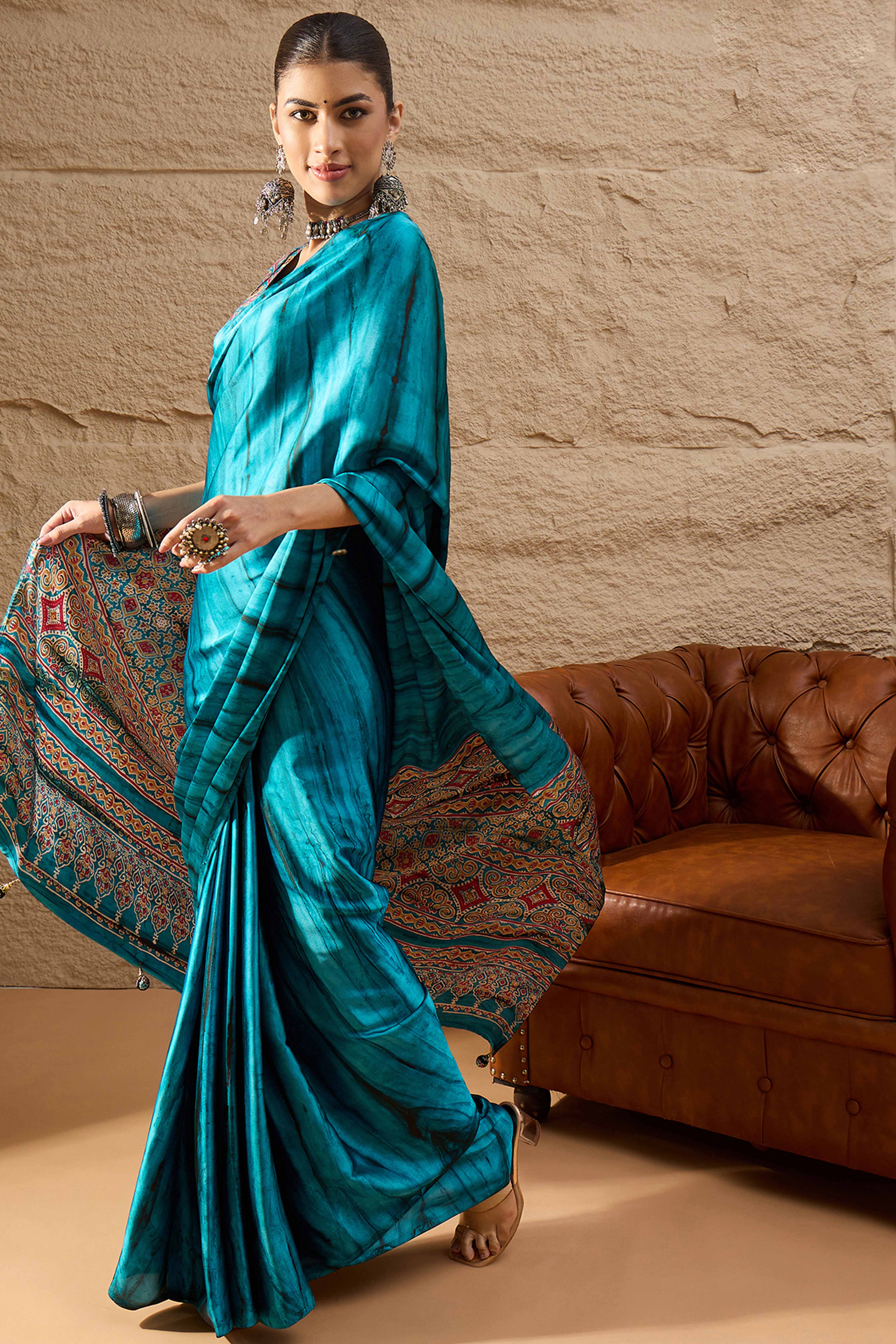 Ajrakh Print Teal Satin Saree with Ethnic Appeal