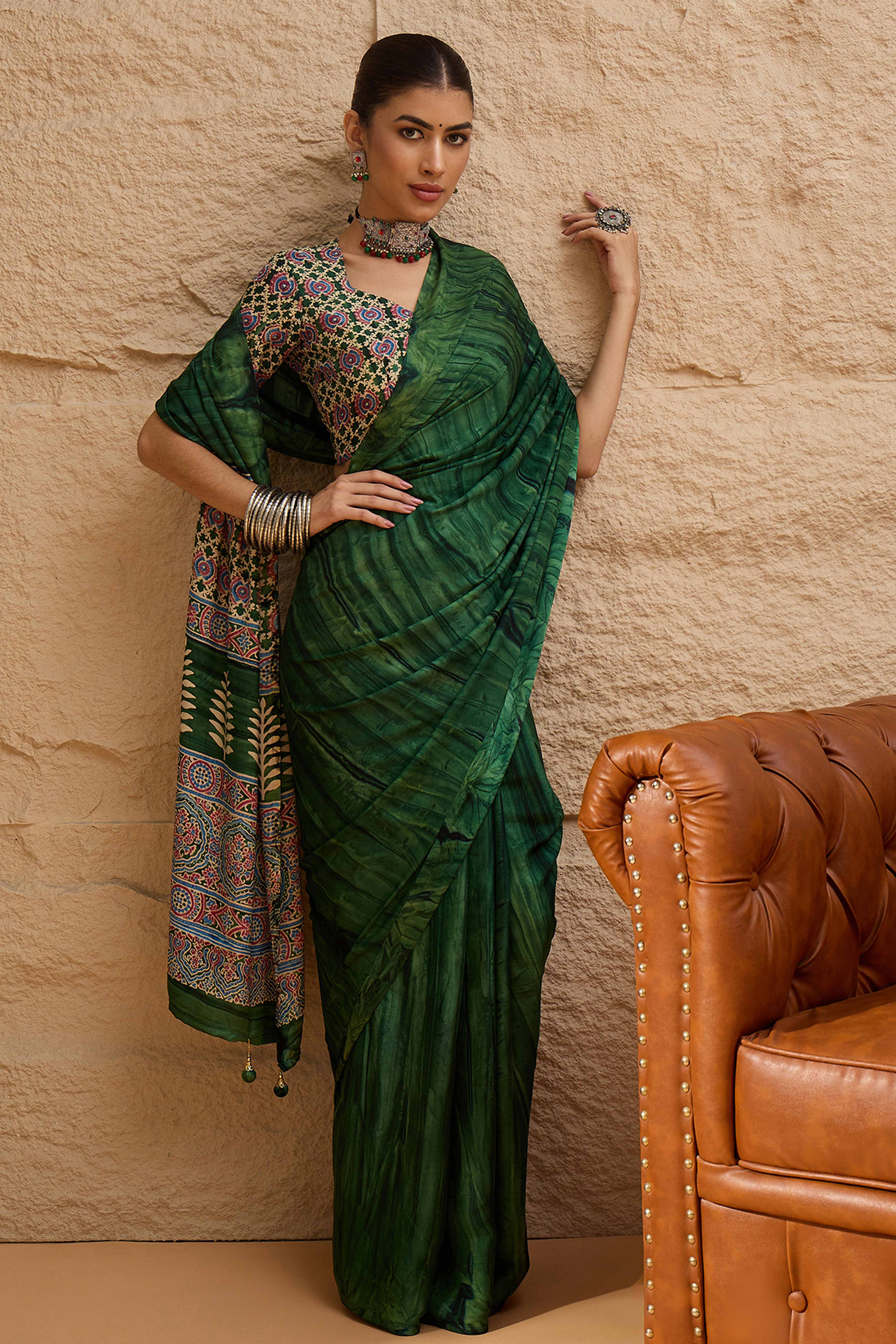Ajrakh Print Green Satin Saree with Ethnic Appeal