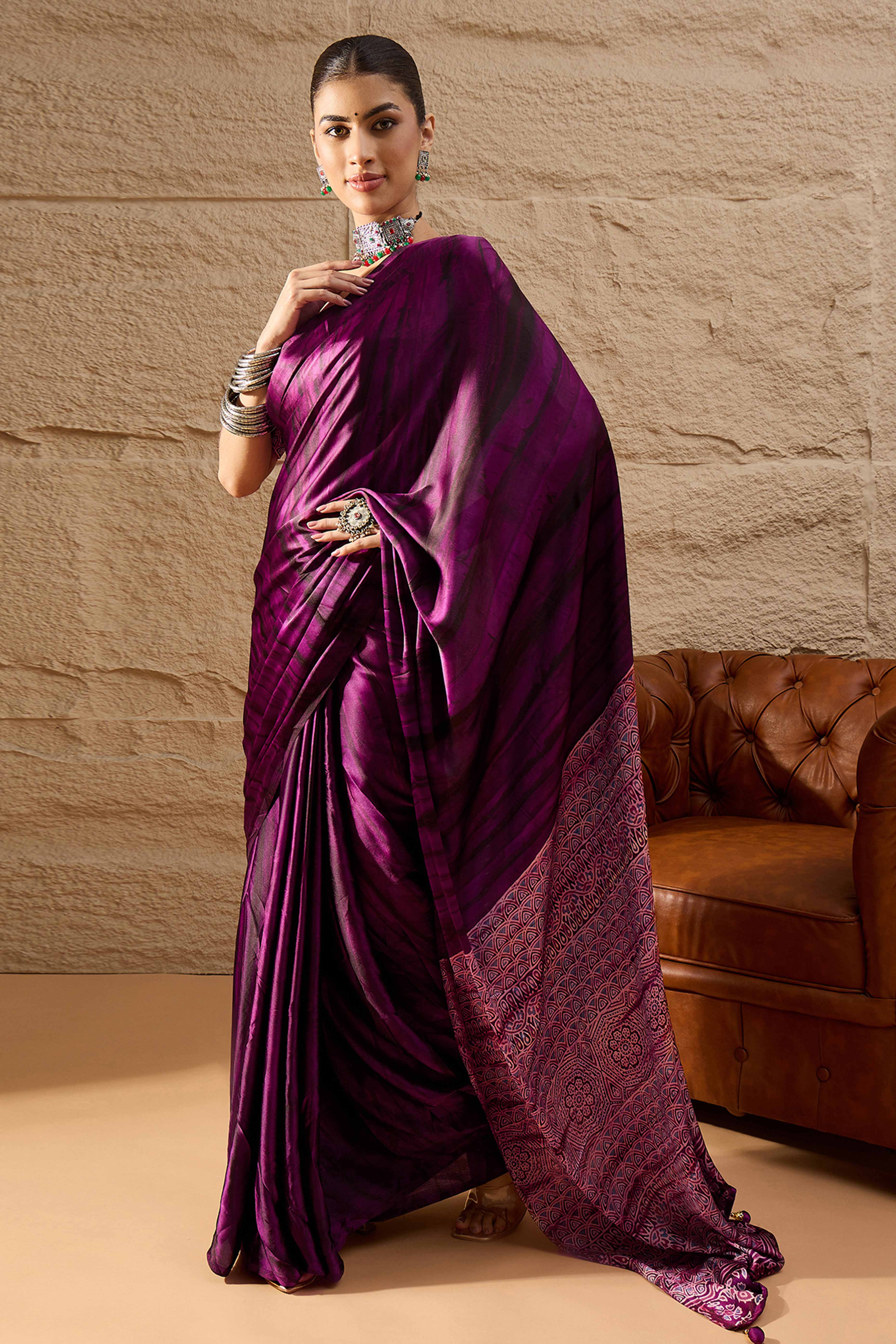 Ajrakh Print Purple Satin Saree with Ethnic Appeal