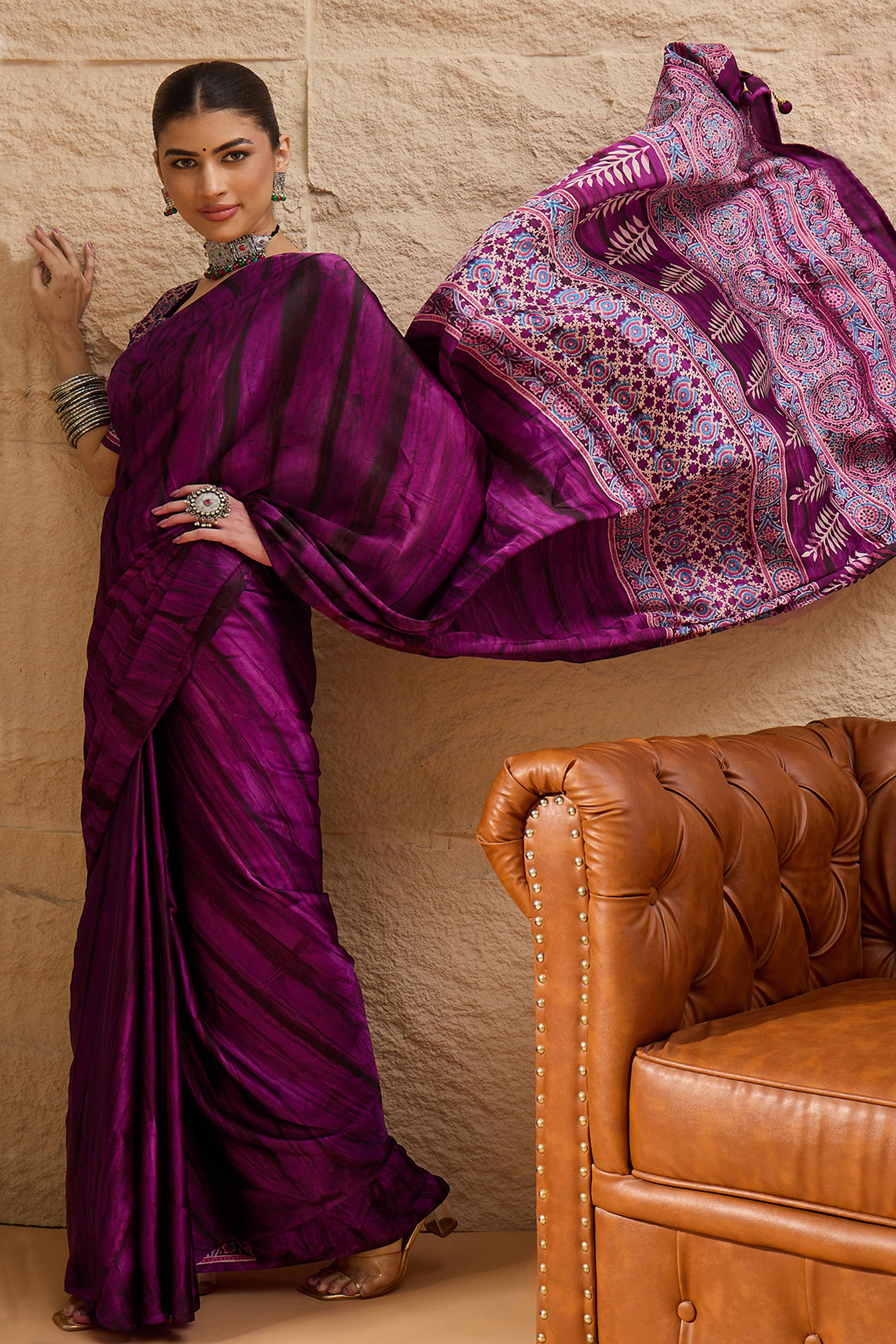 Ajrakh Print on Pallu Purple Satin Saree with Ethnic Appeal