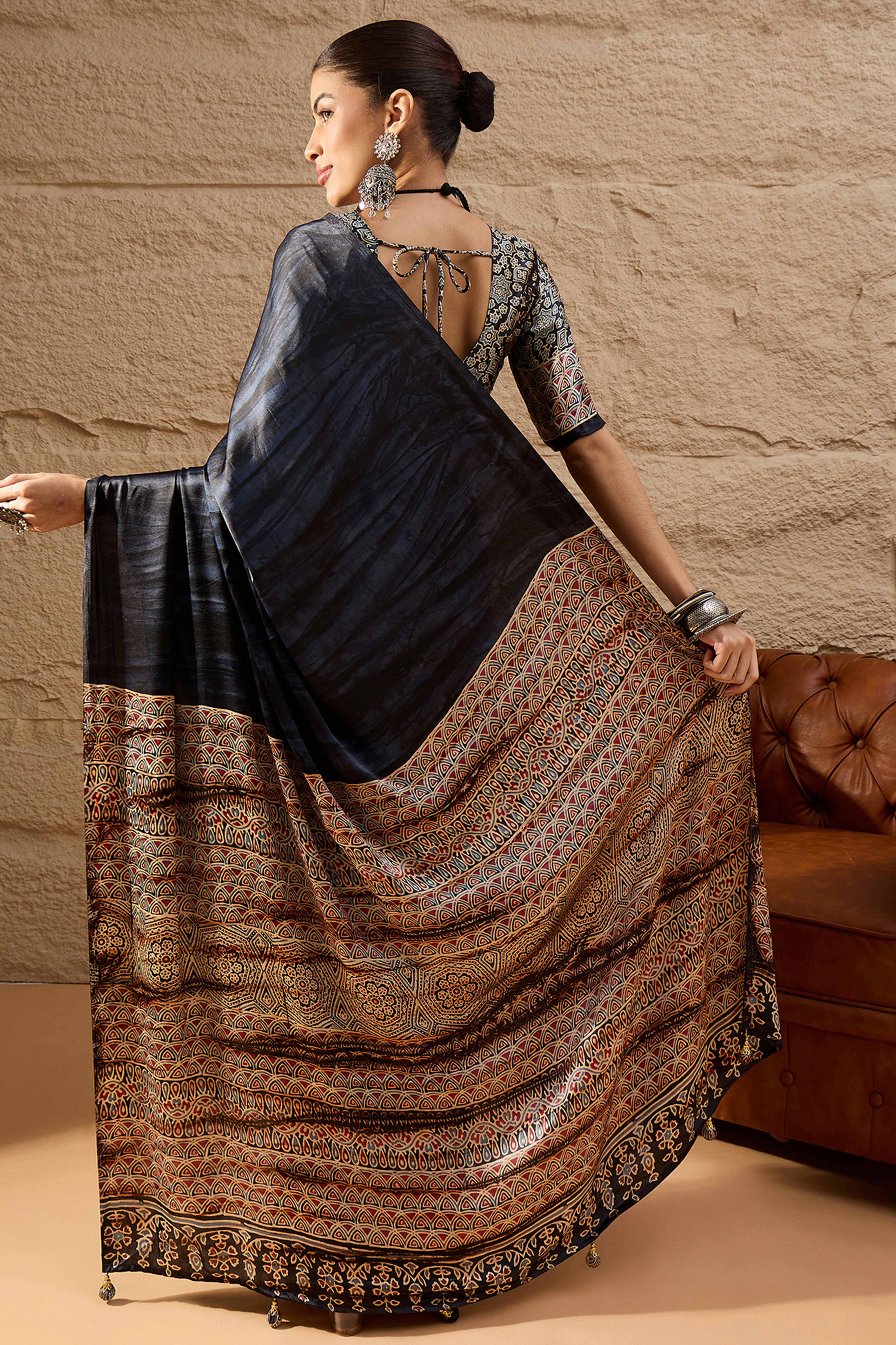 Ajrakh Print Black Satin Saree with Ethnic Appeal