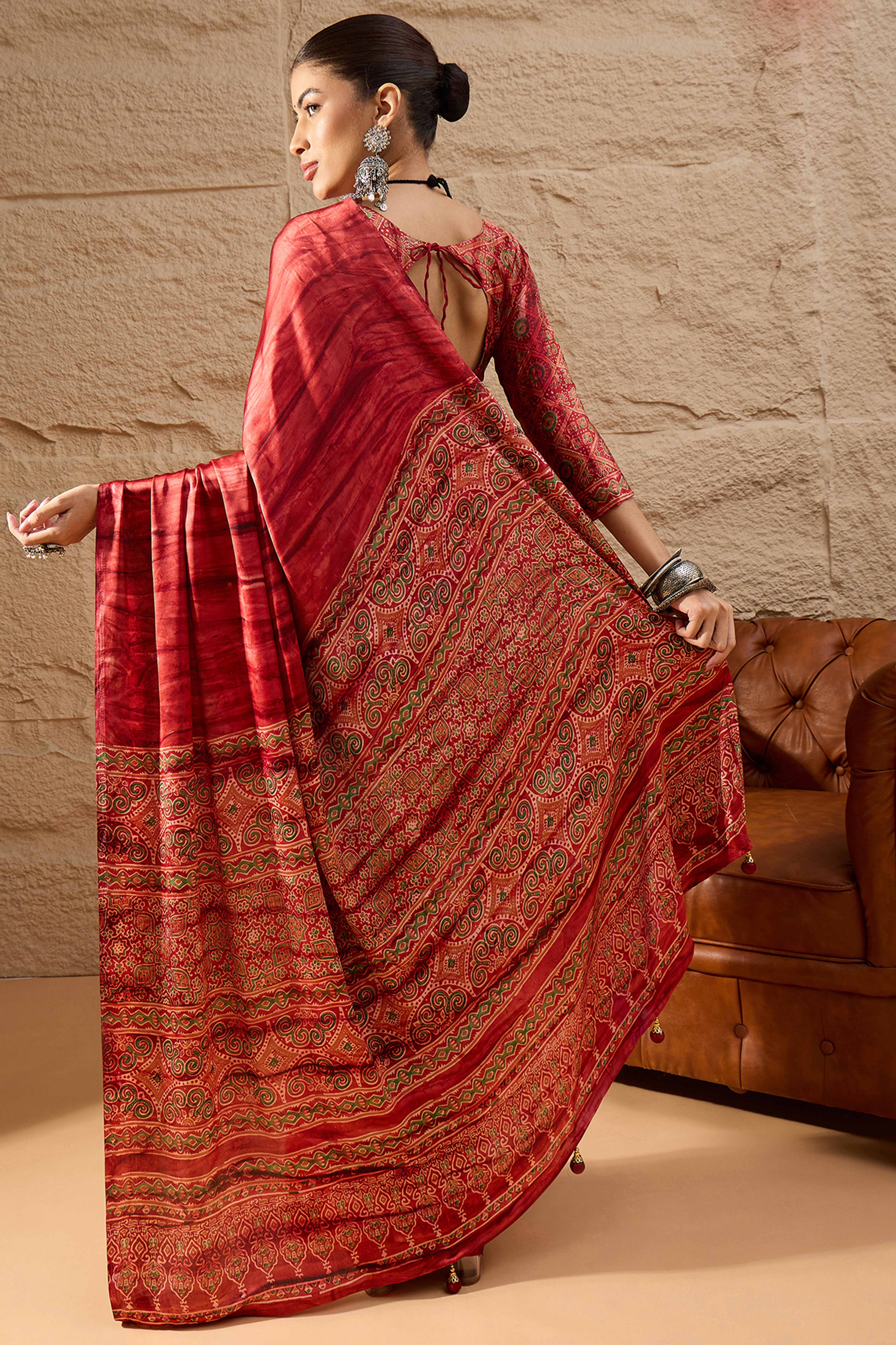 Ajrakh Print Red Satin Saree with Ethnic Appeal
