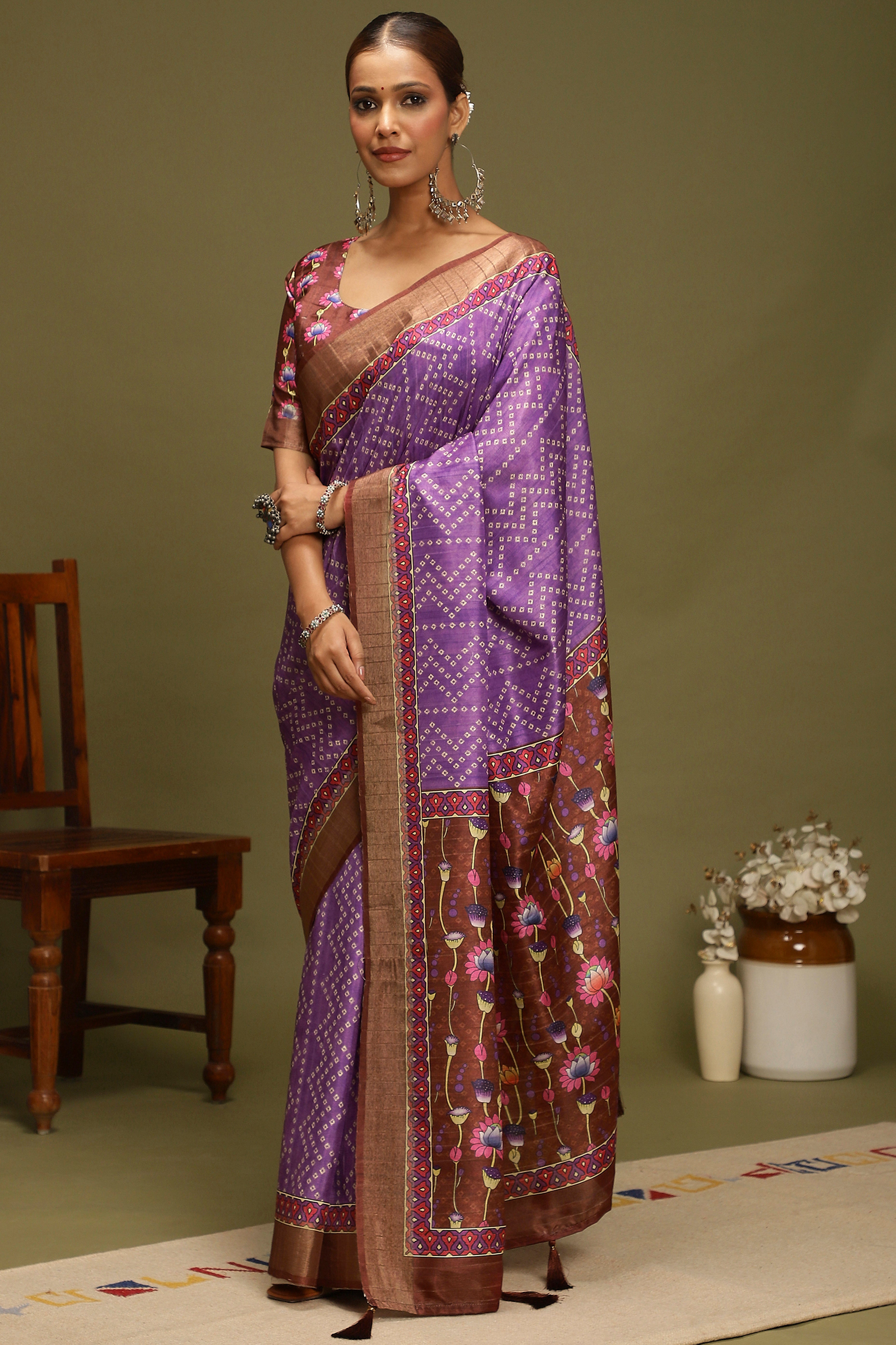 Purple Silk Blend Saree Decorated with Vibrant Bandhani Prints and Festive Detailing