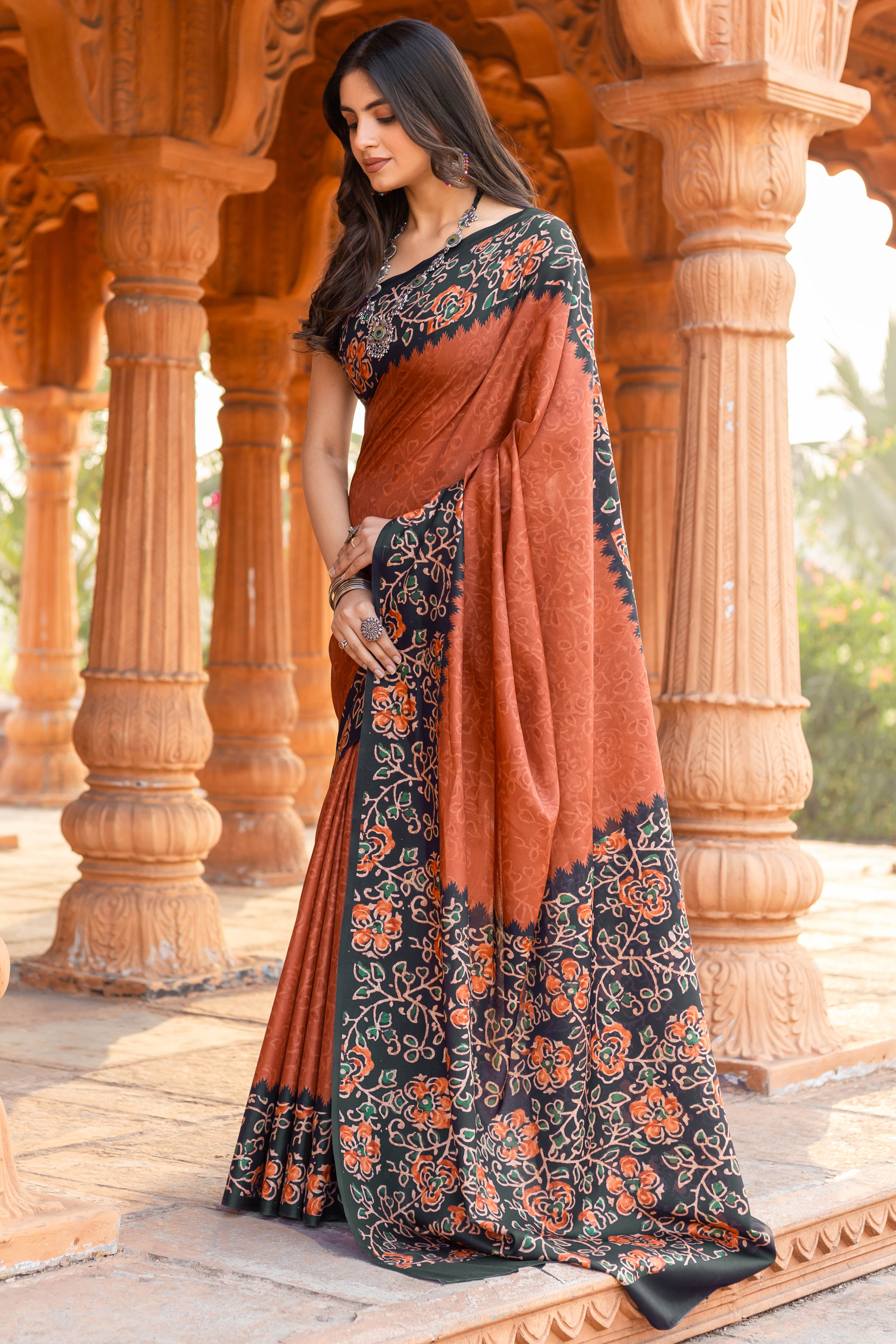 Graceful Rust Floral Printed Manipuri Cotton Silk Saree Showcasing Timeless Elegance