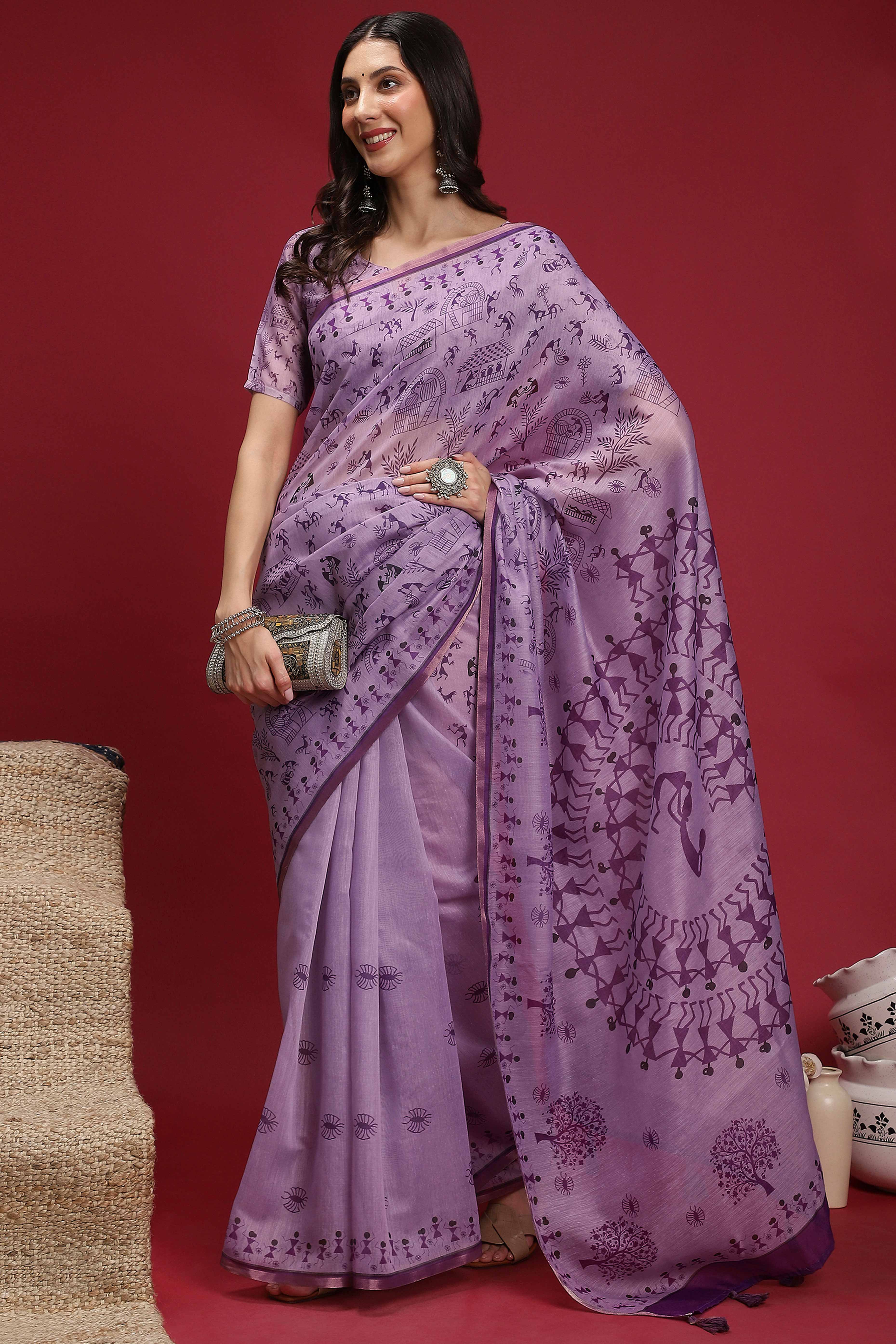 Lavender Linen Cotton Saree Featuring Traditional Warli Prints & Tassel Pallu
