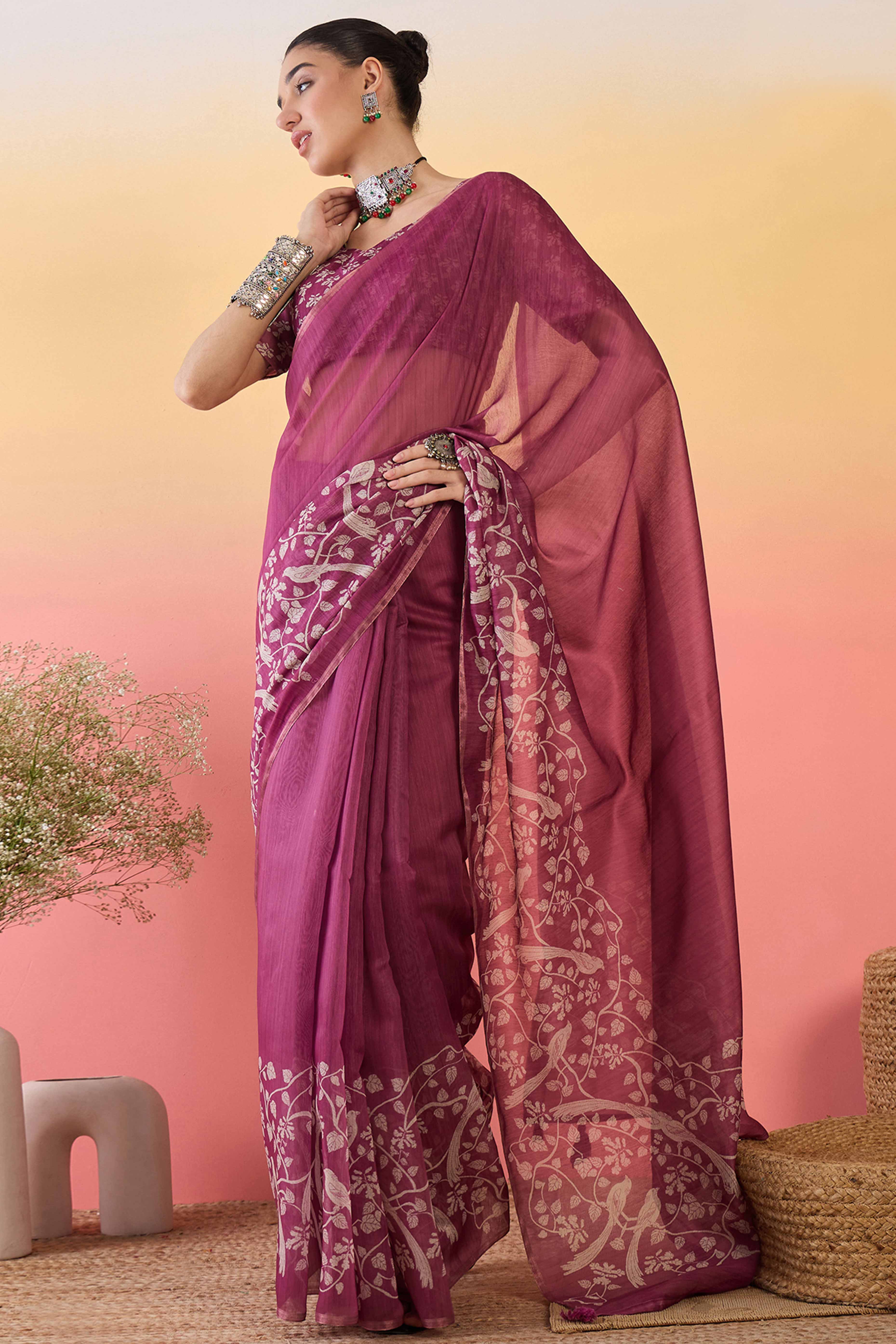 Magenta Linen Cotton Saree Featuring Elegant Floral & Bird Prints With Tassel Pallu