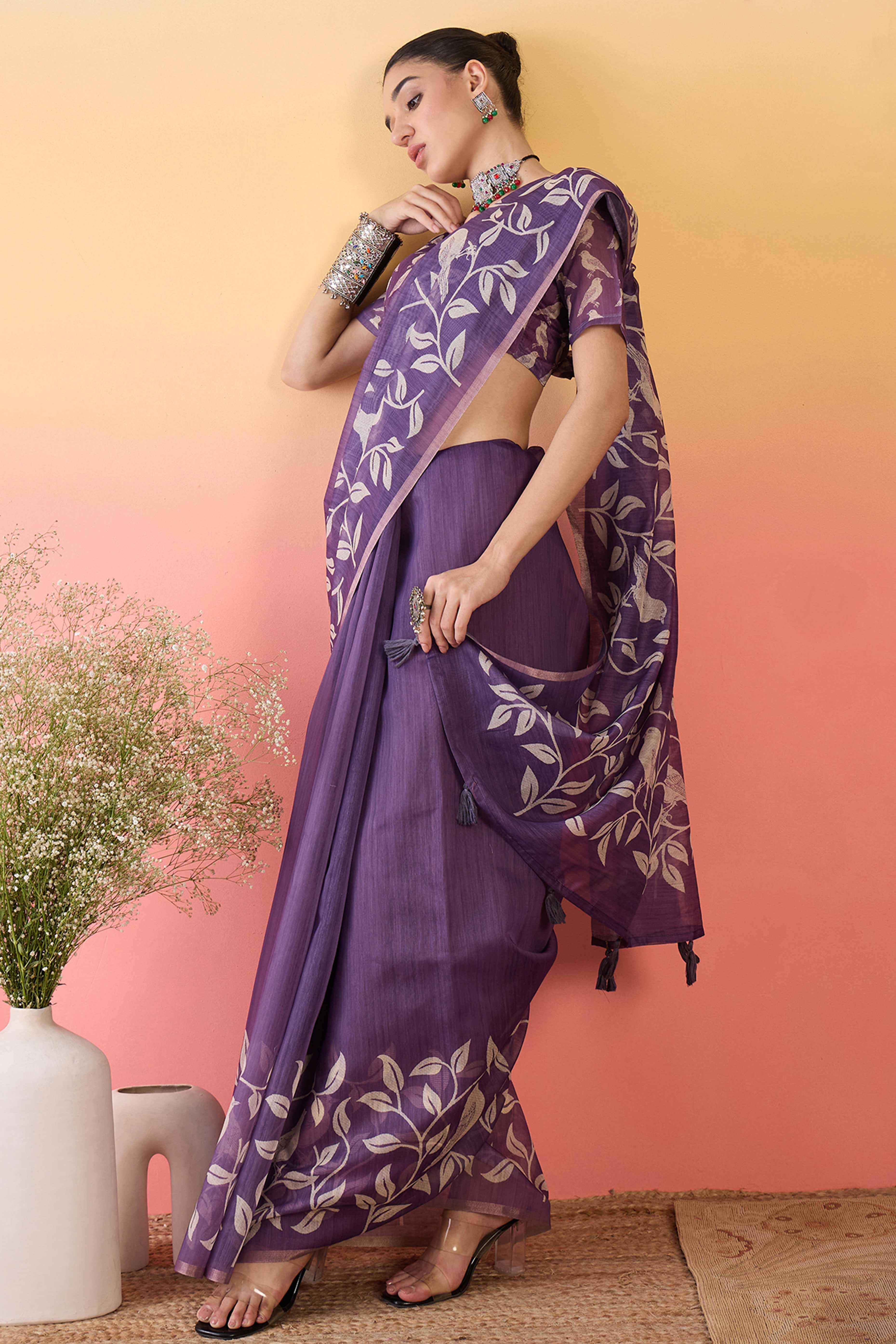 Purple Linen Cotton Saree Featuring Elegant Leaf & Bird Prints With Tassel Pallu