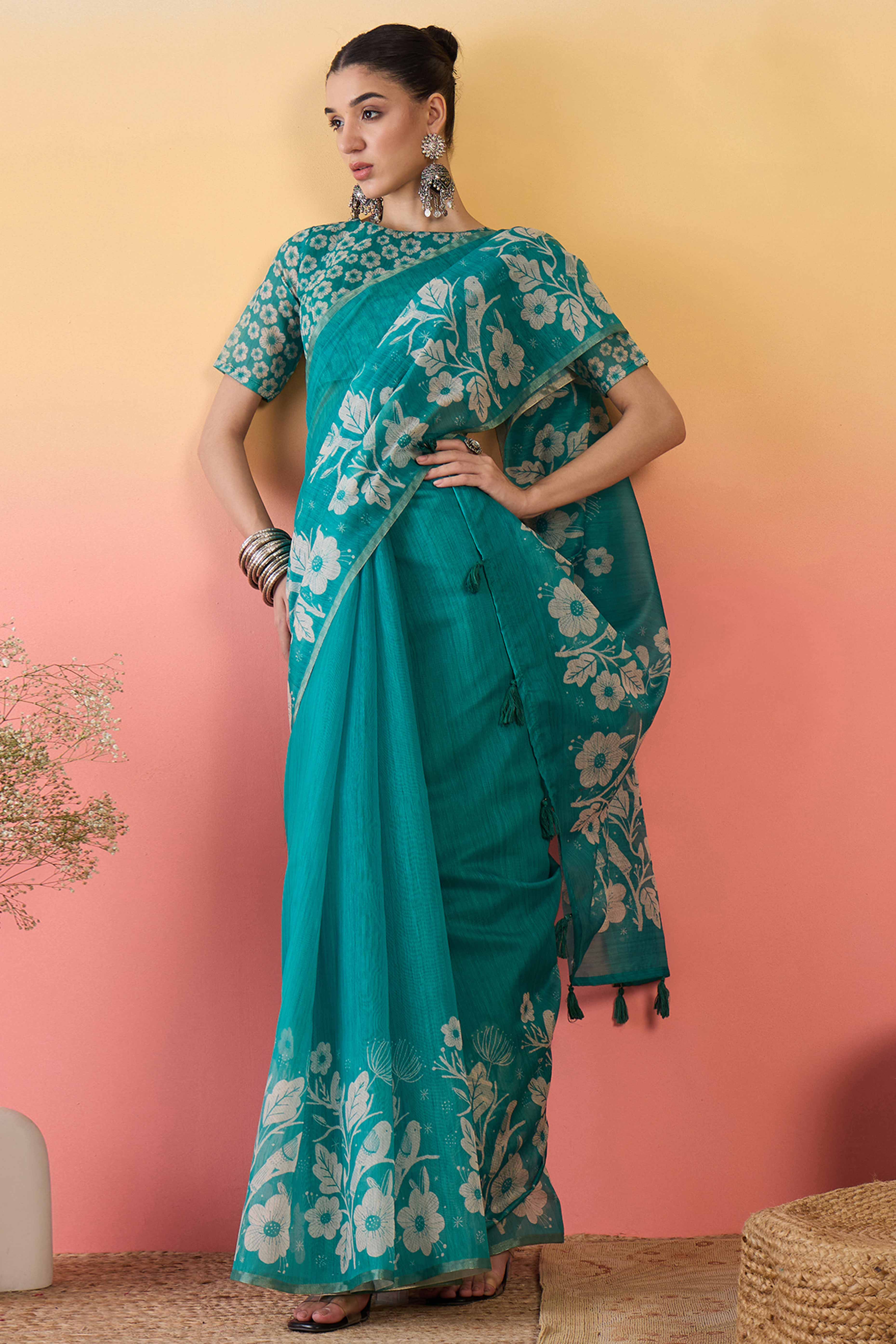 Turquoise Linen Cotton Saree Featuring Elegant Floral & Bird Prints With Tassel Pallu