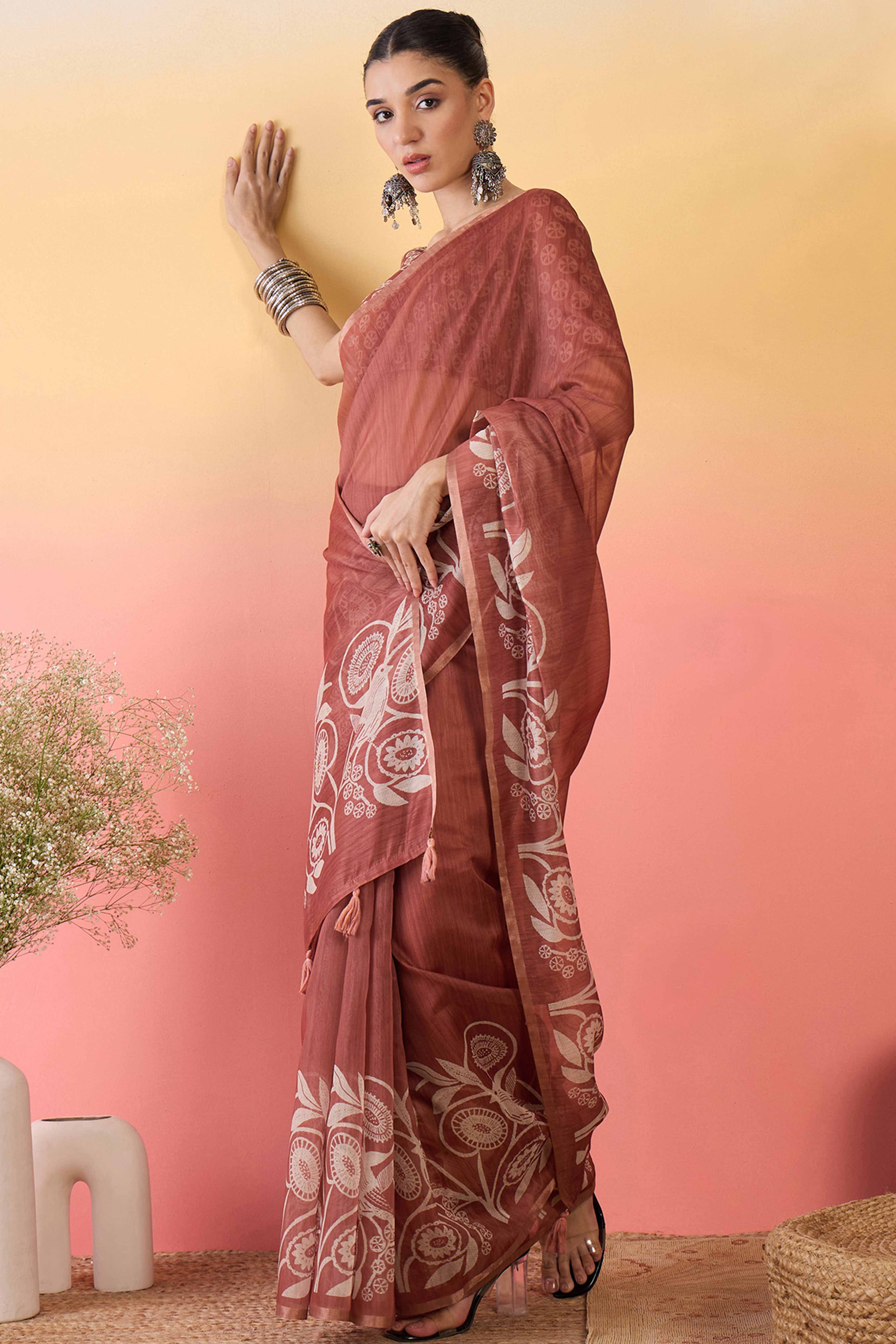 Rust Brown Linen Cotton Saree Featuring Elegant Floral & Bird Prints With Tassel Pallu