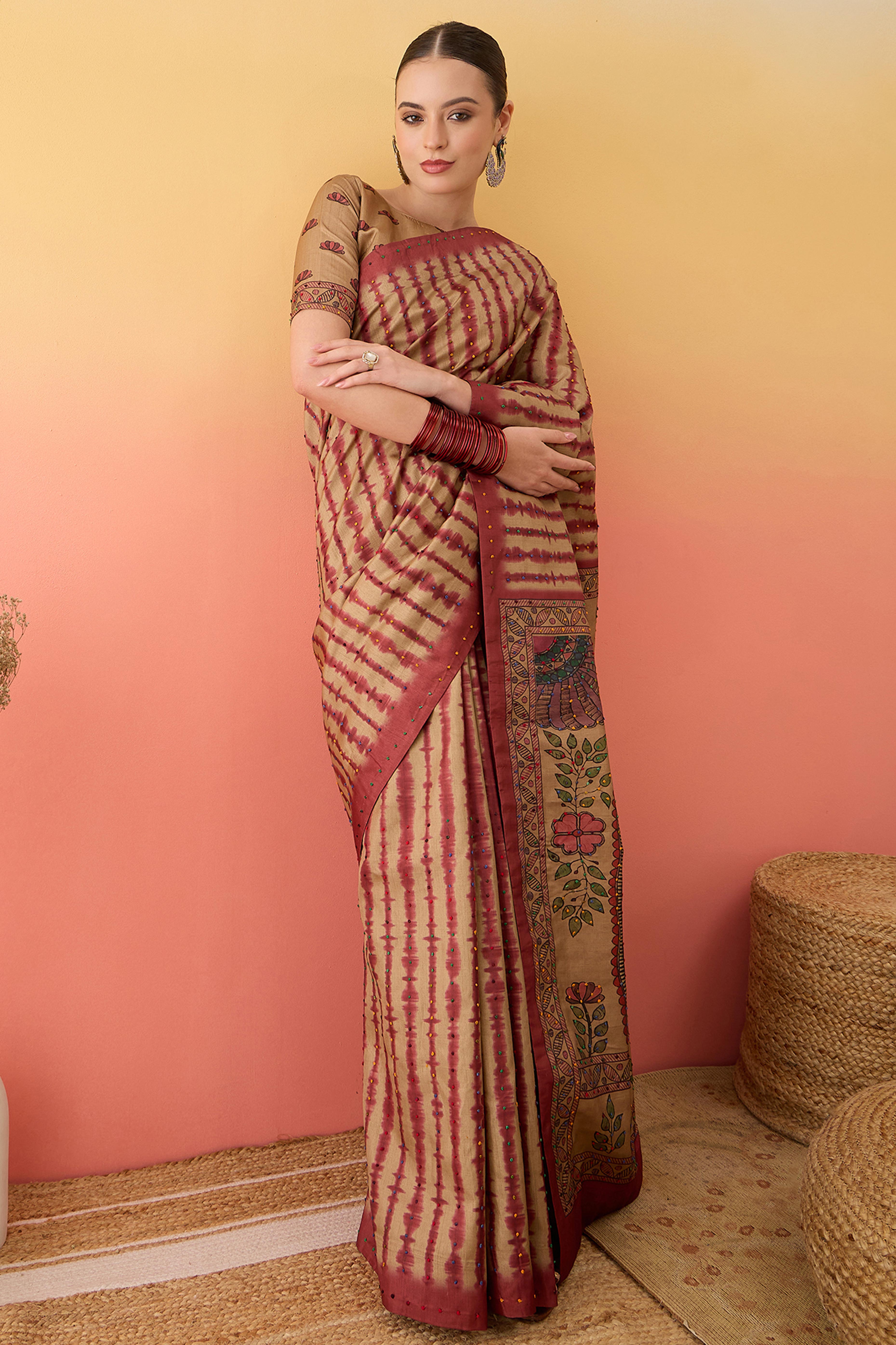 Beige Kalamkari Style Cotton Silk Saree Flowy Drape Knot Tassels Festive Wear