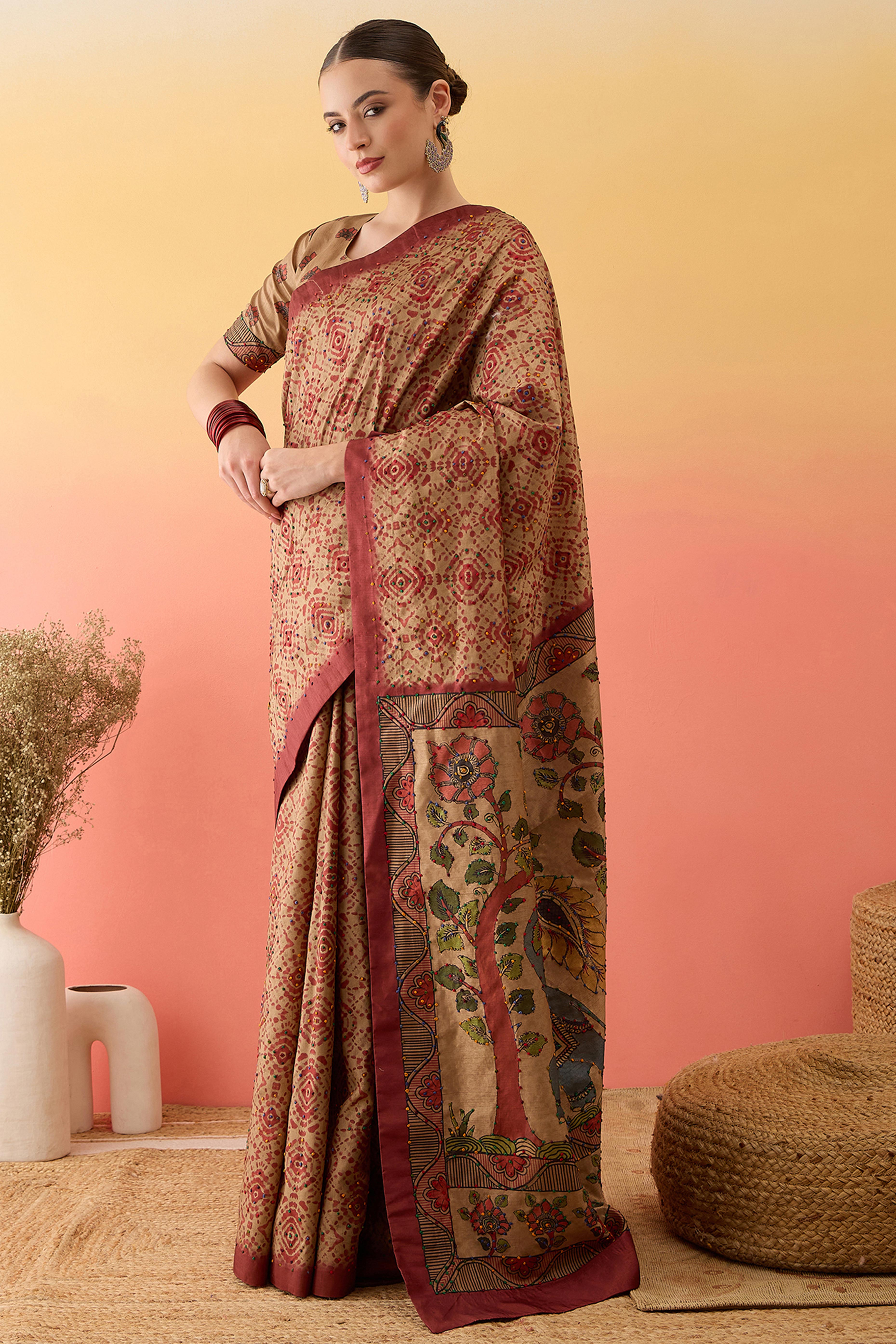 Beige Kalamkari Style Cotton Silk Saree Handcrafted Knot Work Border Ethnic Sophistication