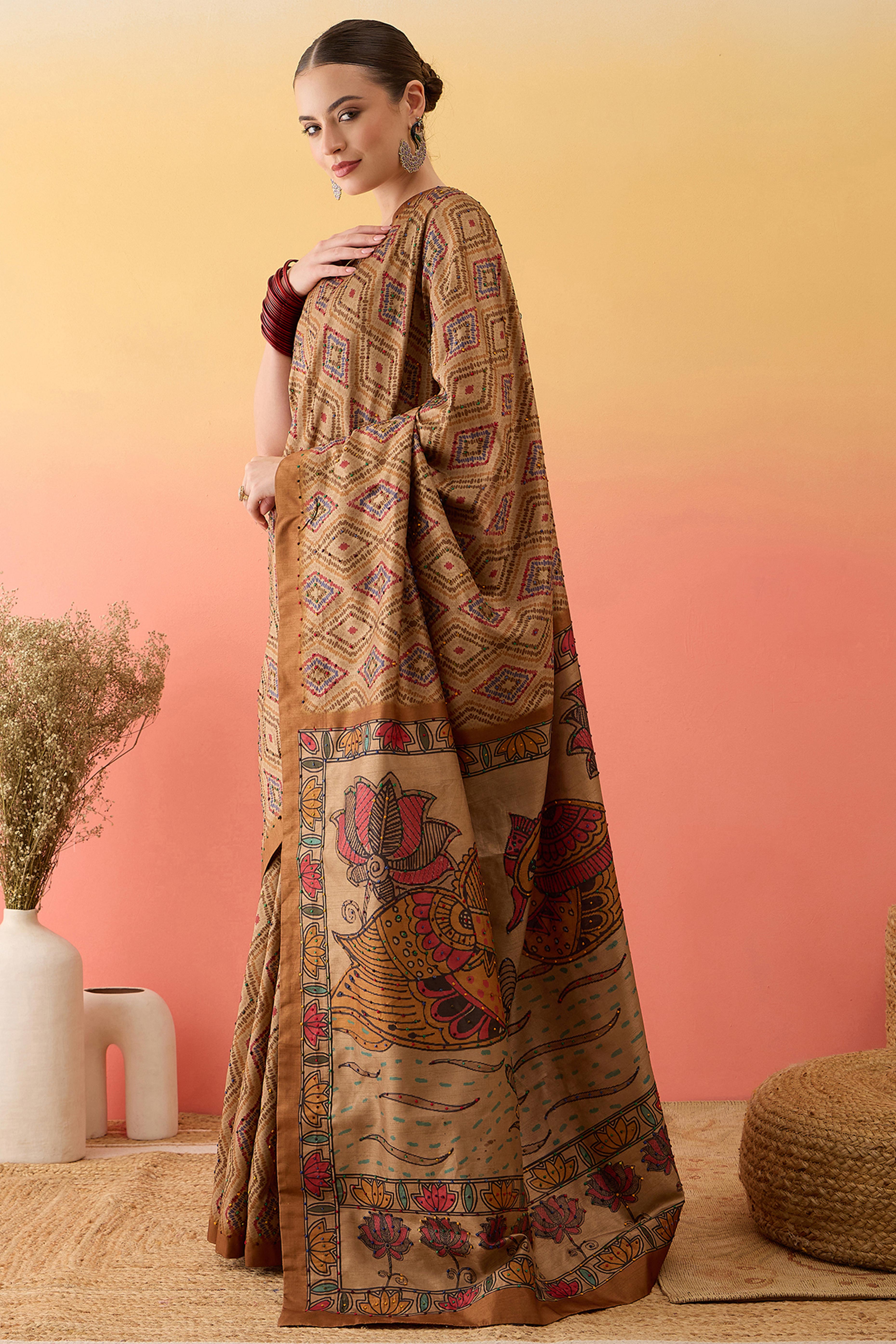 Beige Kalamkari Inspired Printed Cotton Silk Saree Intricate Knot Work Ethnic Artistry