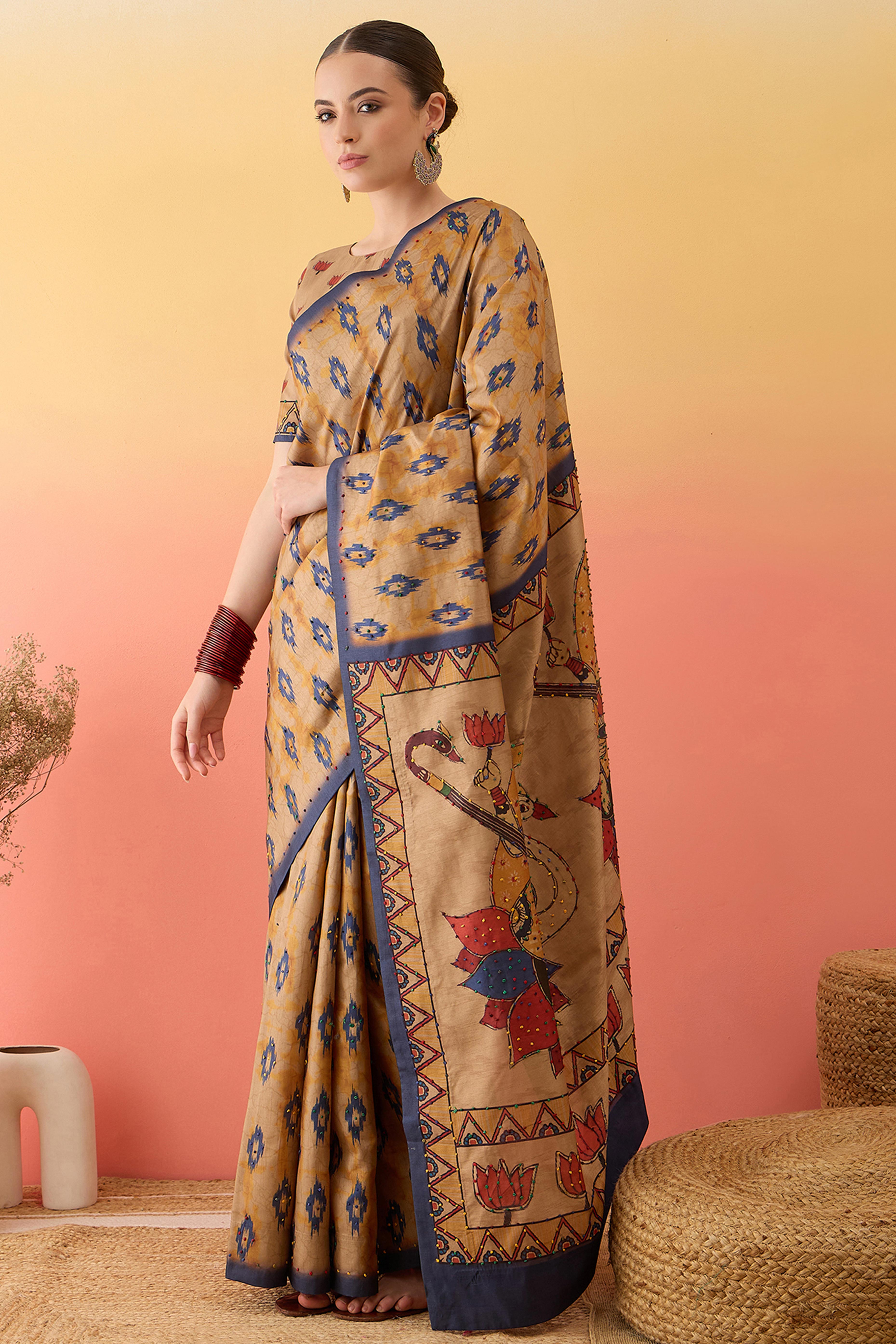 Beige Printed Kalamkari Cotton Silk Saree Exquisite Knot Work Detailing Ethnic Charm