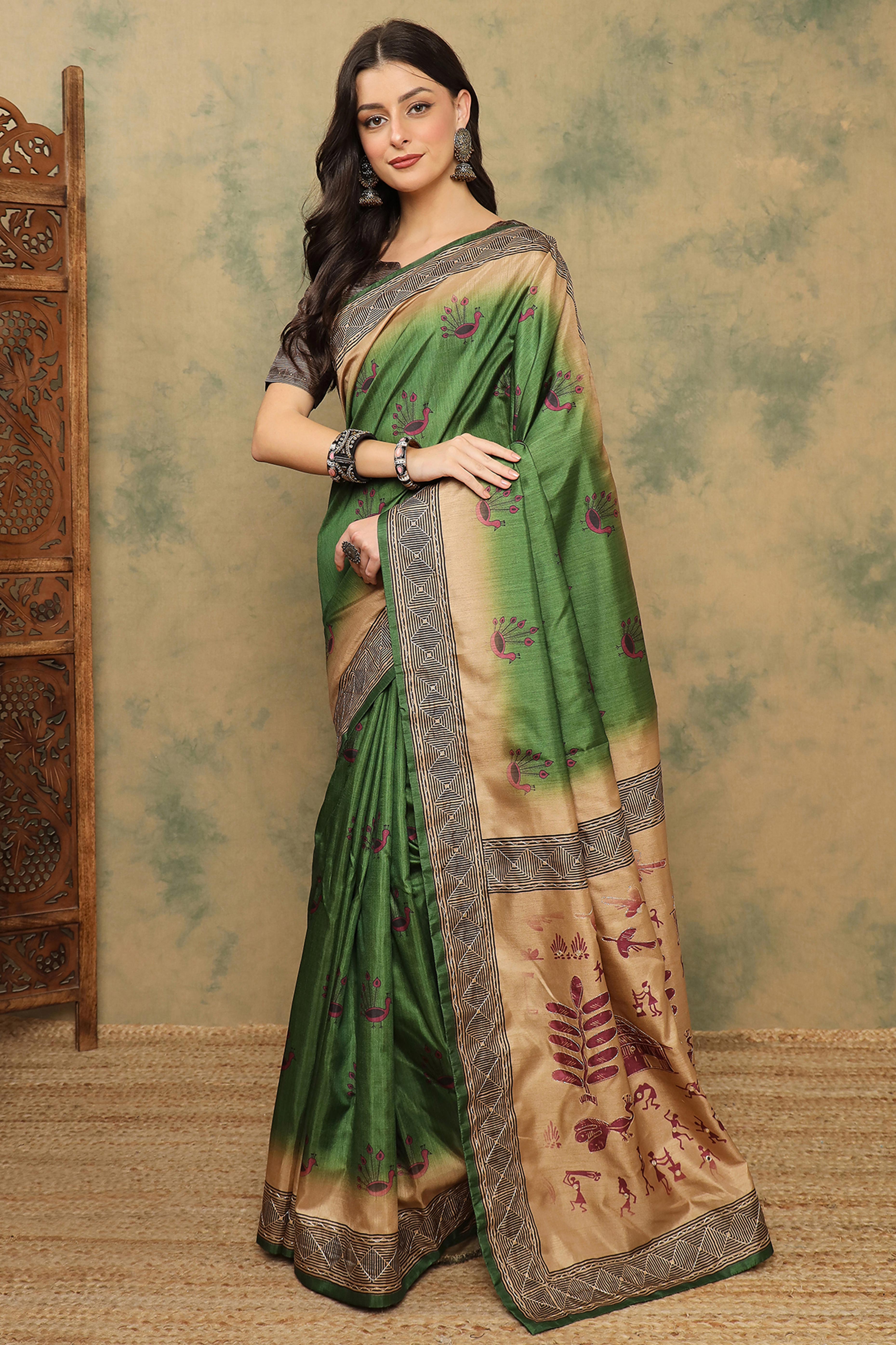 Green Warli Folk Art Printed Cotton Silk Saree Flowy Drape Festive Wear