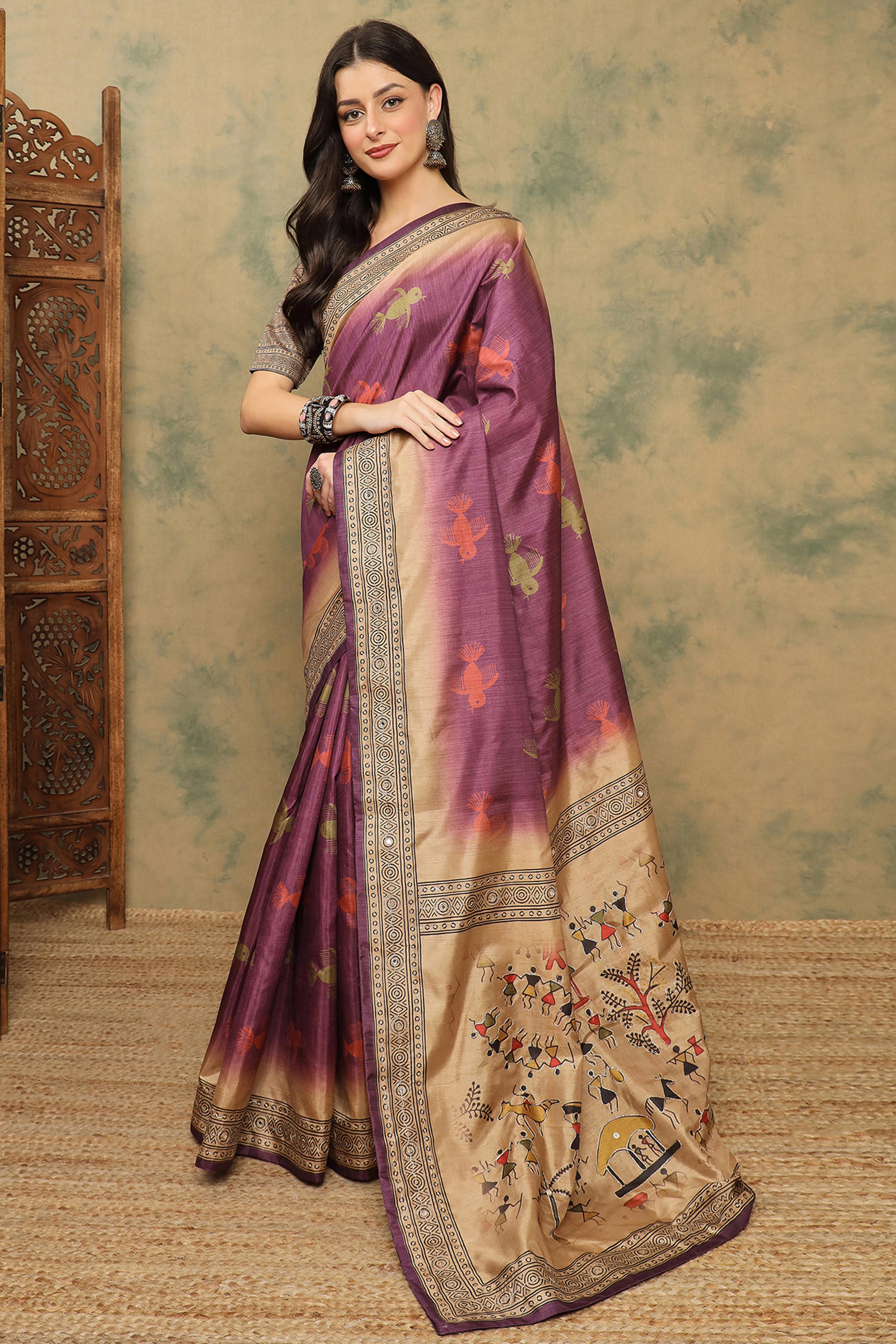 Wine Warli Folk Art Printed Cotton Silk Saree Flowy Drape Festive Wear